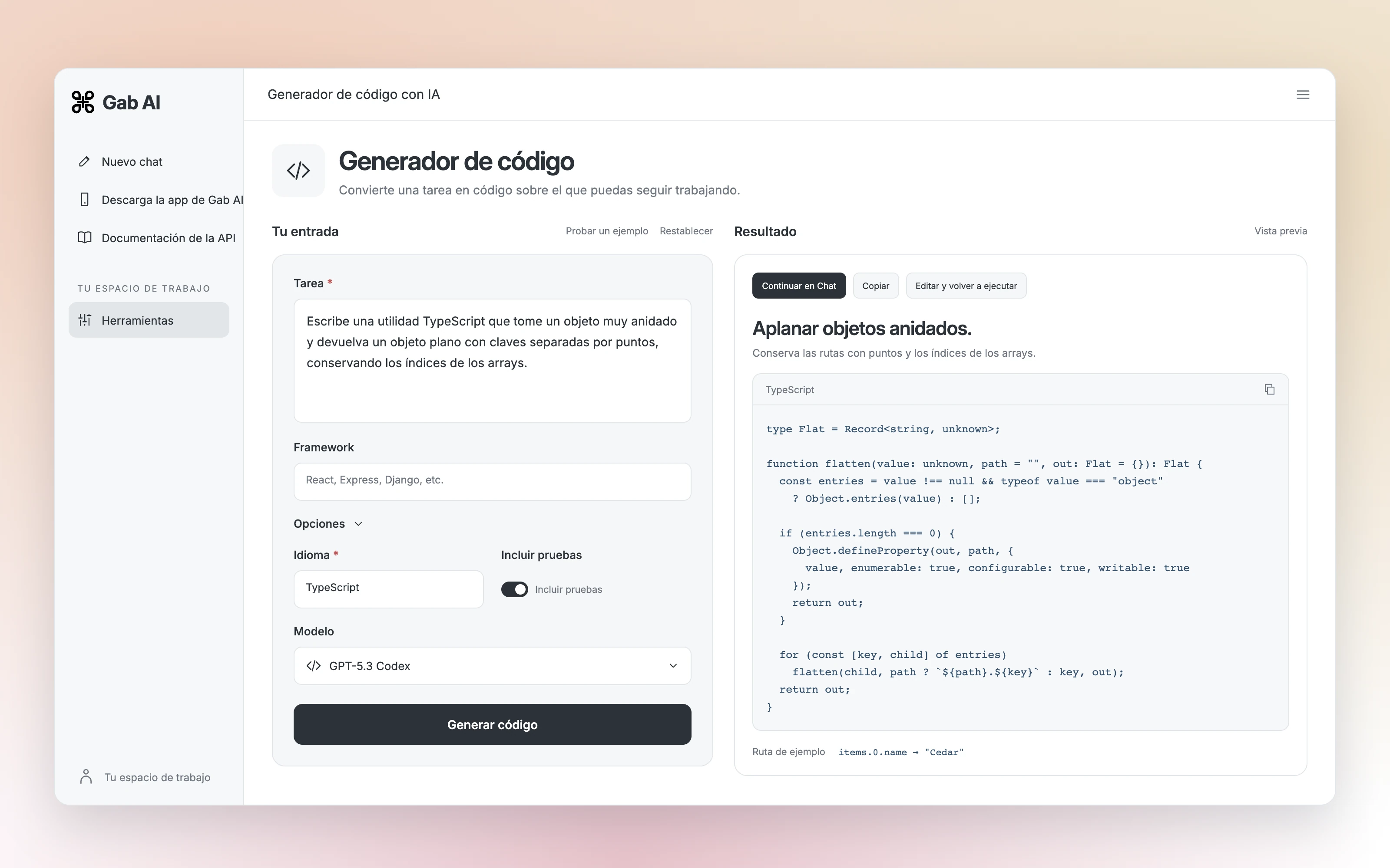 Vista del resultado del Generador de código de Gab AI con código TypeScript y las acciones Copiar, Editar y volver a ejecutar y Continuar en Chat.
