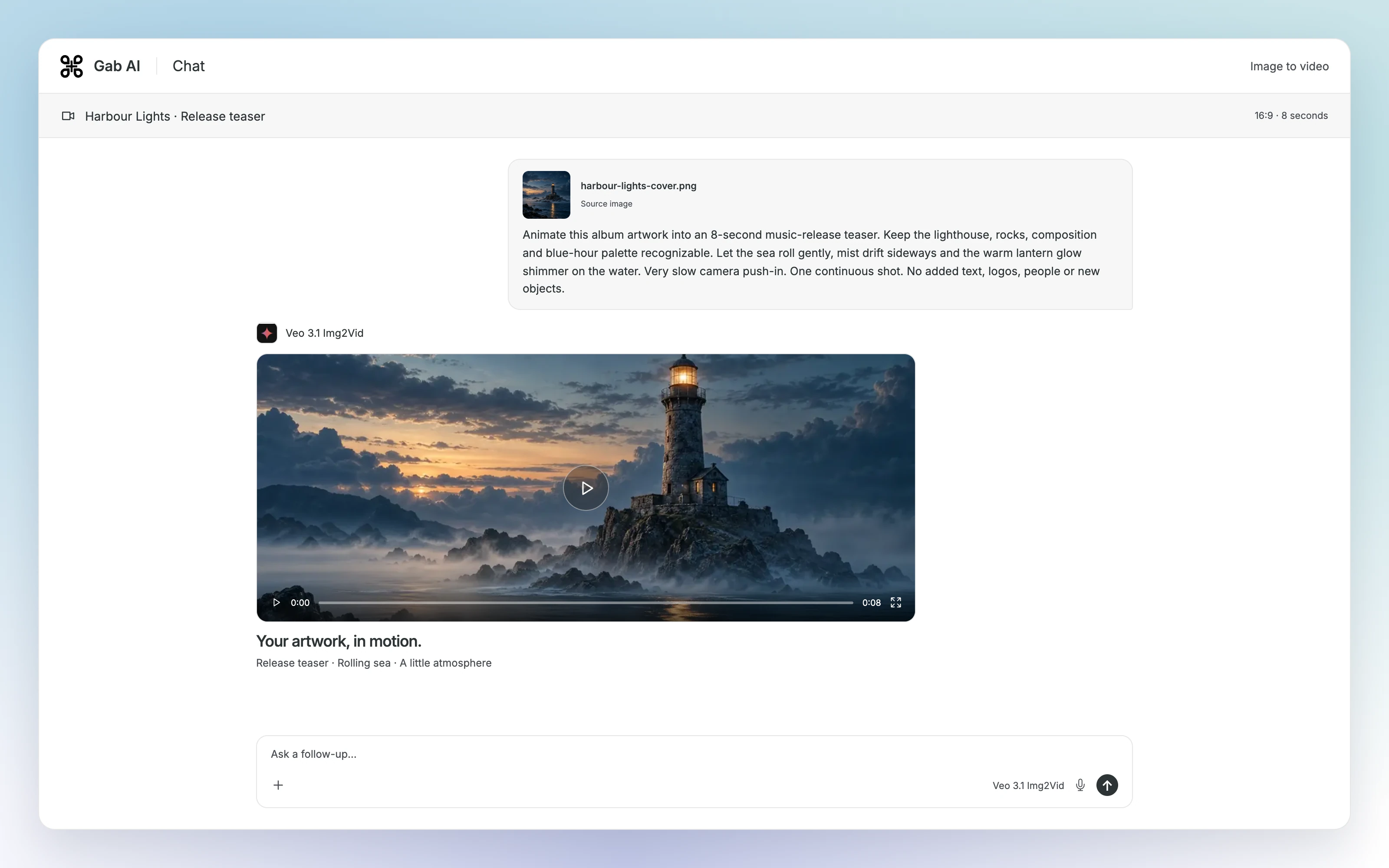 Gab AI Chat image-to-video scene with the actual prompt and a frame from its generated your artwork, in motion. video.