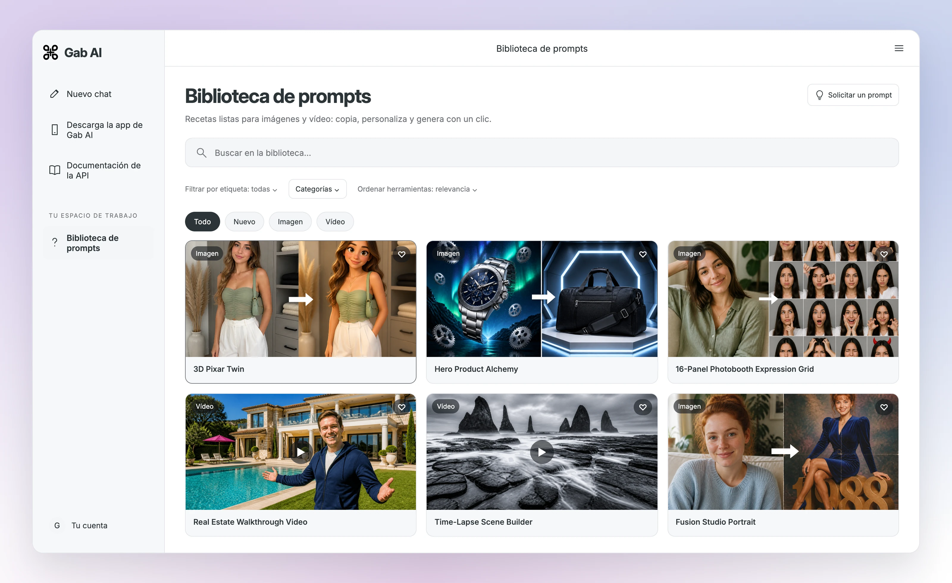 Vista de la Biblioteca de prompts de Gab AI con recetas seleccionadas. Se reutilizan las imágenes de vista previa del catálogo; no se muestra una generación nueva.
