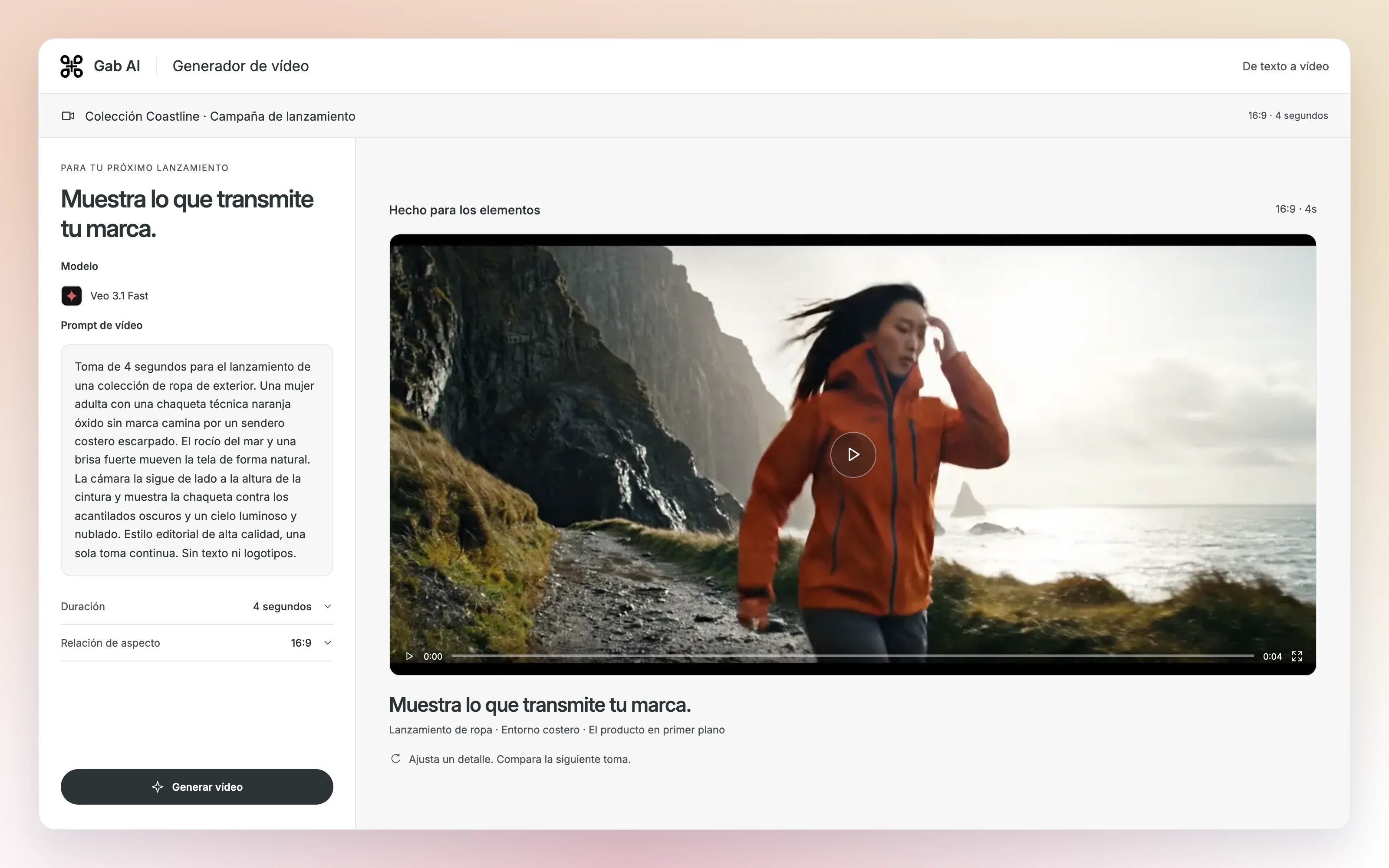 Escena del Generador de vídeo de Gab AI con el prompt original y un fotograma del vídeo generado para la campaña de ropa.
