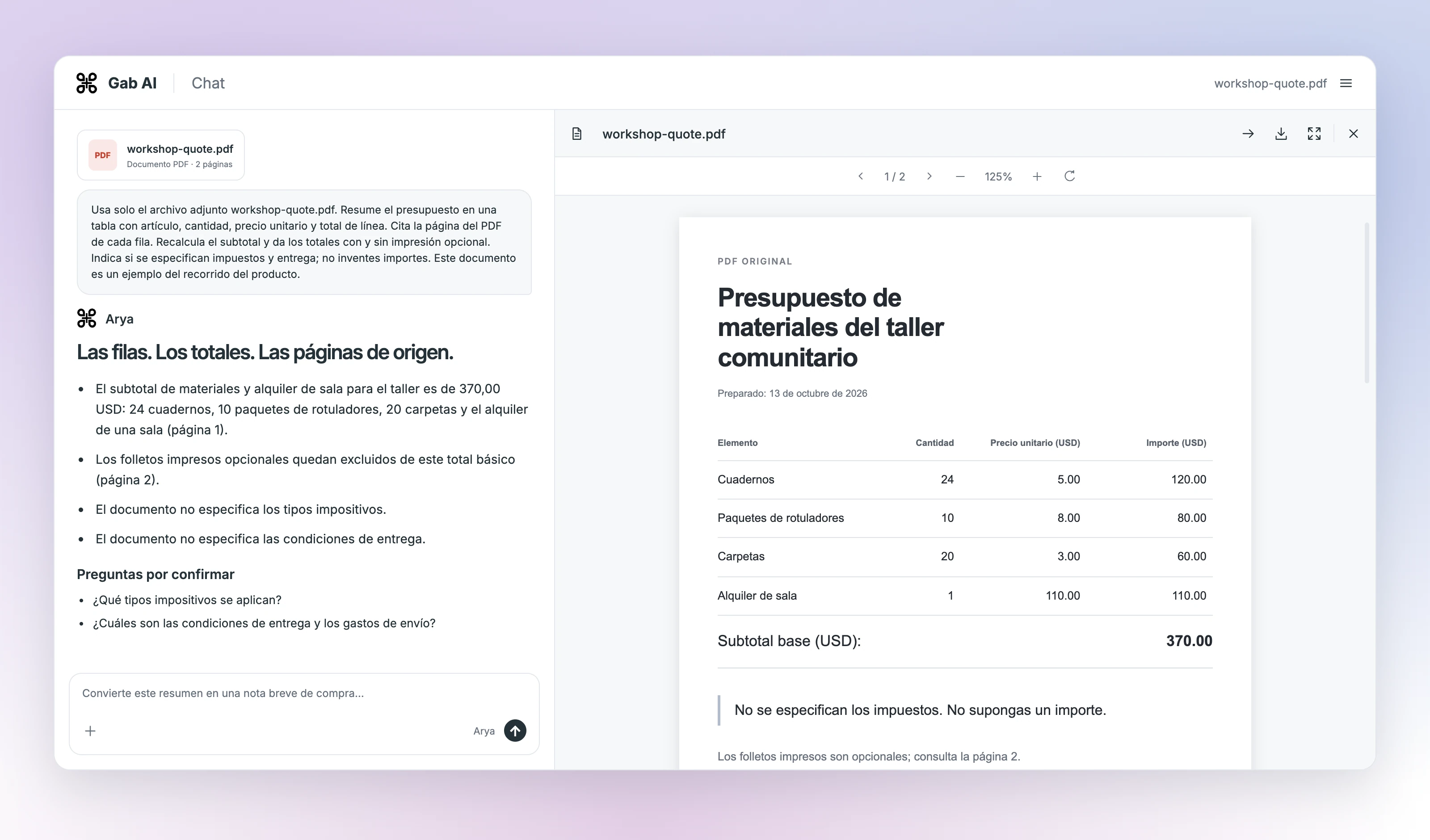 Resumen de Arya Chat junto a la primera página del presupuesto en PDF. La tabla de cinco filas incluye cantidades, precios unitarios, importes y números de página; el coste básico es de 370 dólares y la impresión añade 25.