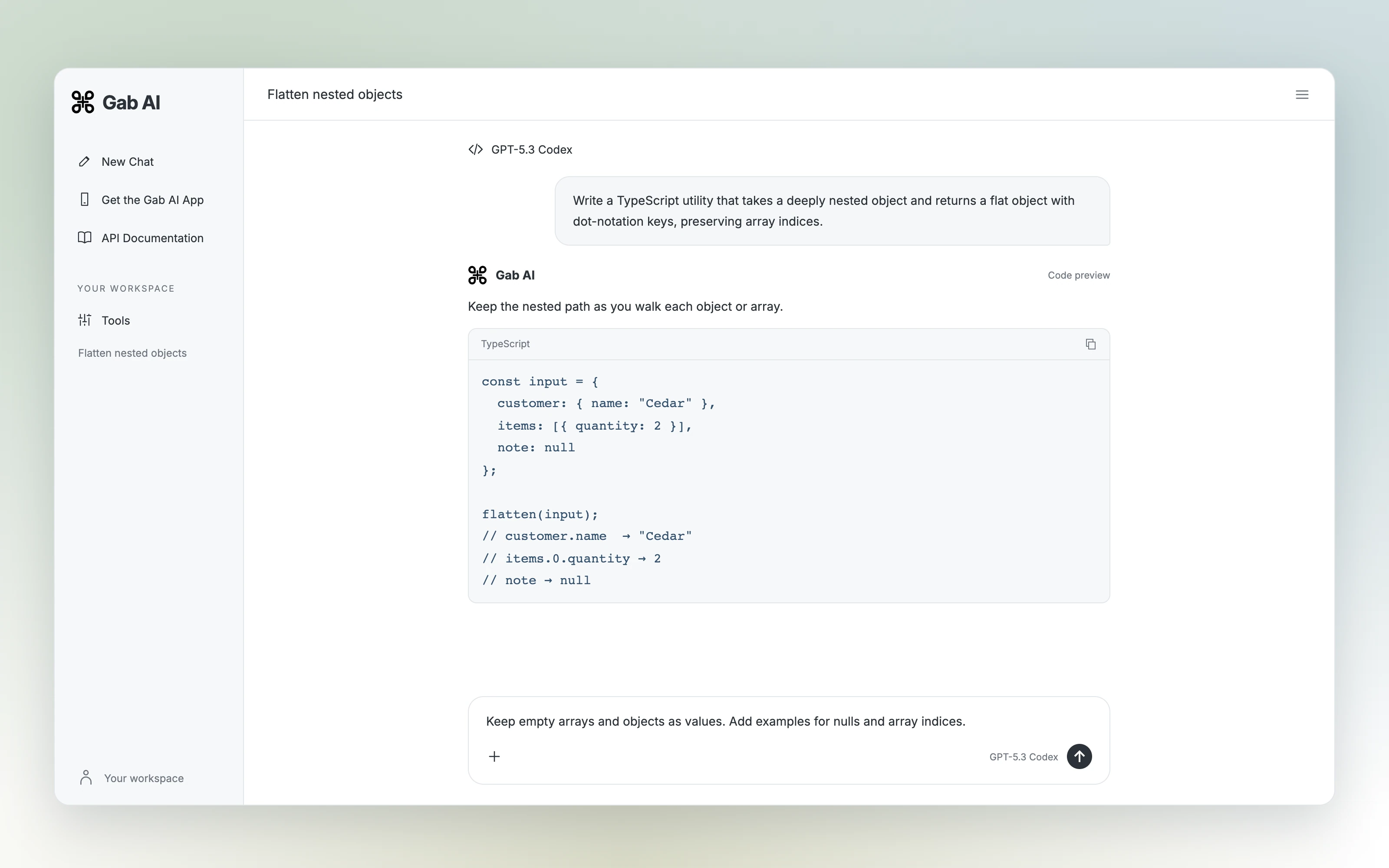 Gab AI Chat interface preview continuing the Code Generator example with a focused follow-up draft.