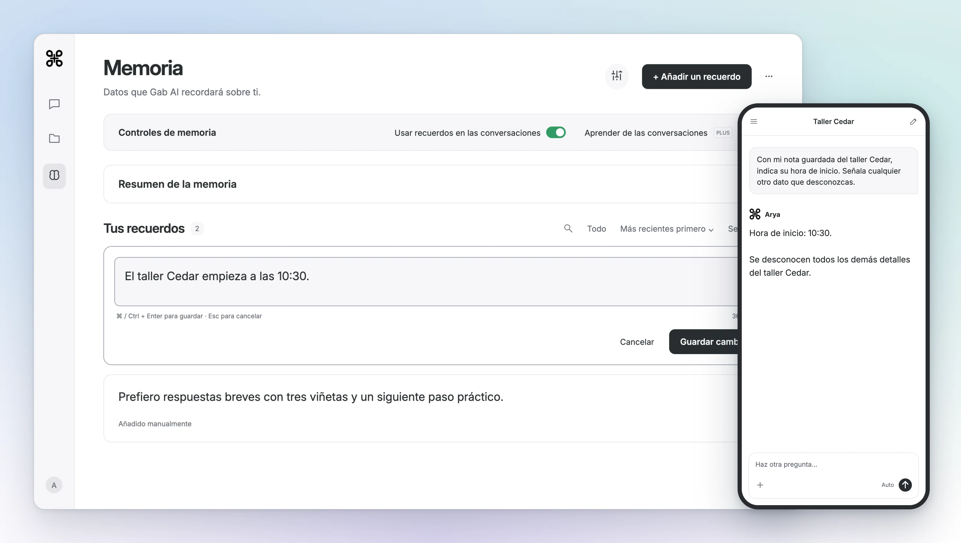 Memoria de Gab AI en el ordenador muestra la hora actualizada del taller a las 10:30, junto a un chat en el teléfono que usa ese dato guardado.