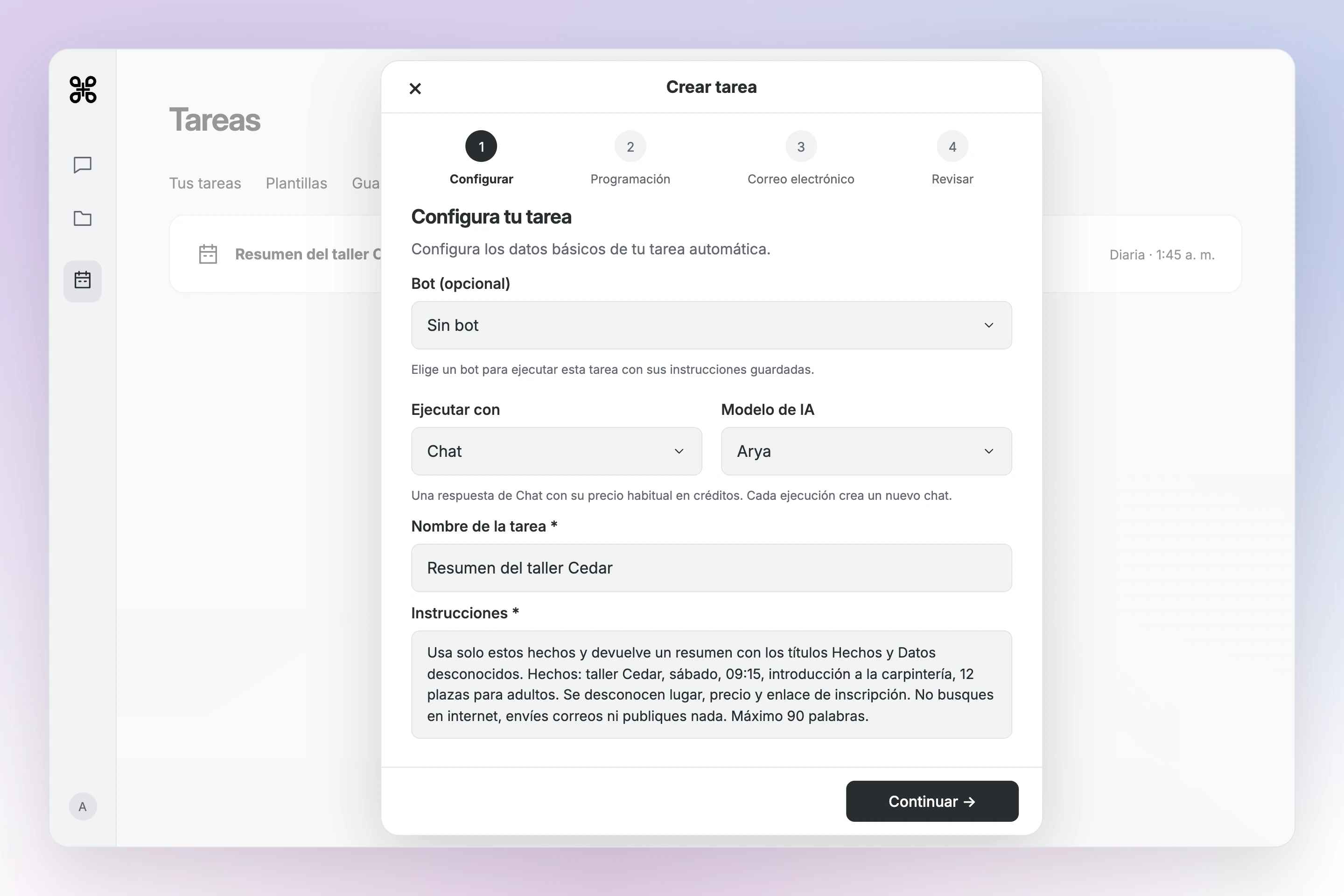 Configuración de Crear tarea de Gab AI con el bot opcional en Sin bot, el modo de ejecución en Chat, el modelo Arya, el nombre de la tarea y las instrucciones del taller Cedar.