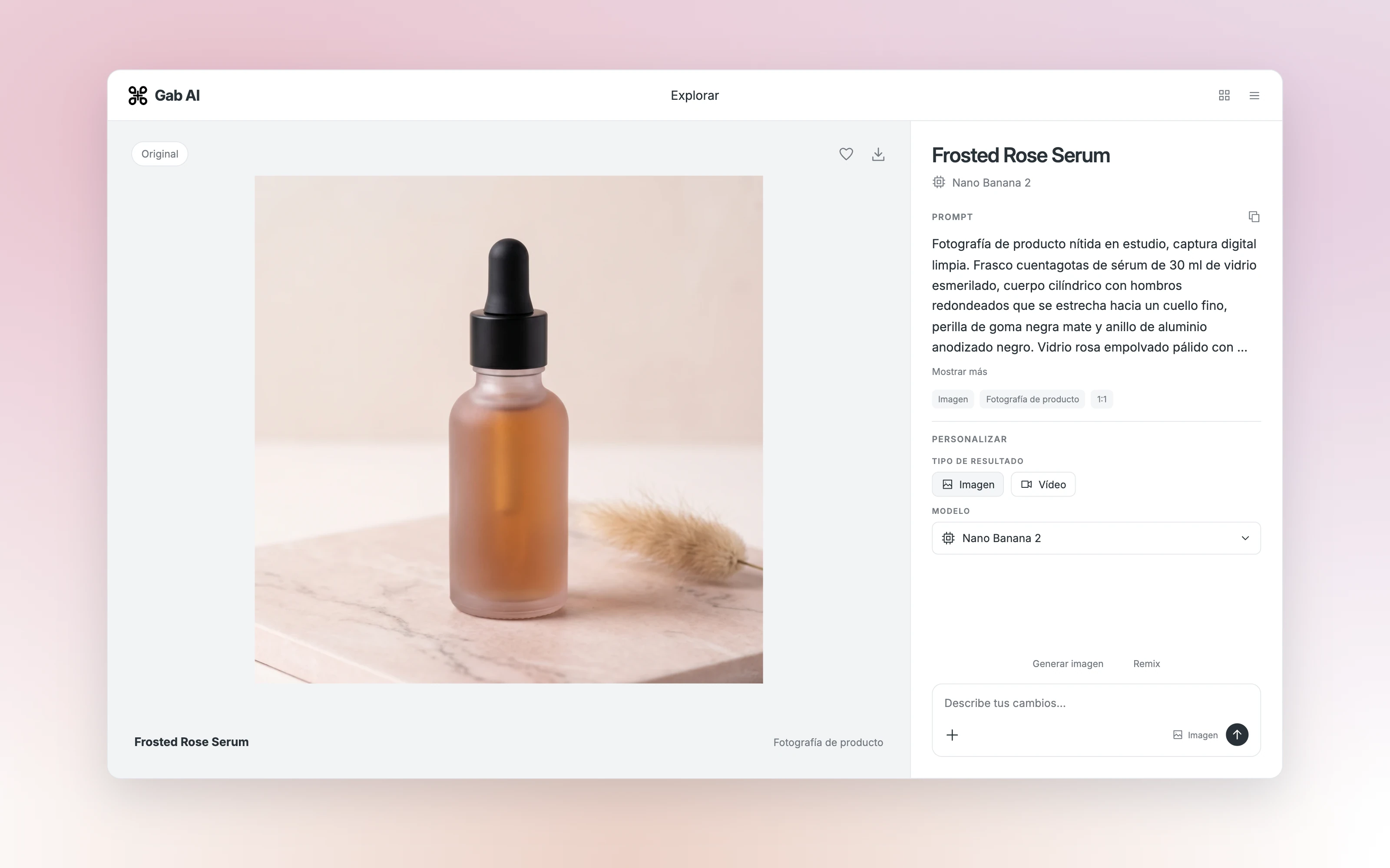 Fotografía del producto Frosted Rose Serum en Explorar de Gab AI, con el prompt original y el modelo Nano Banana 2.