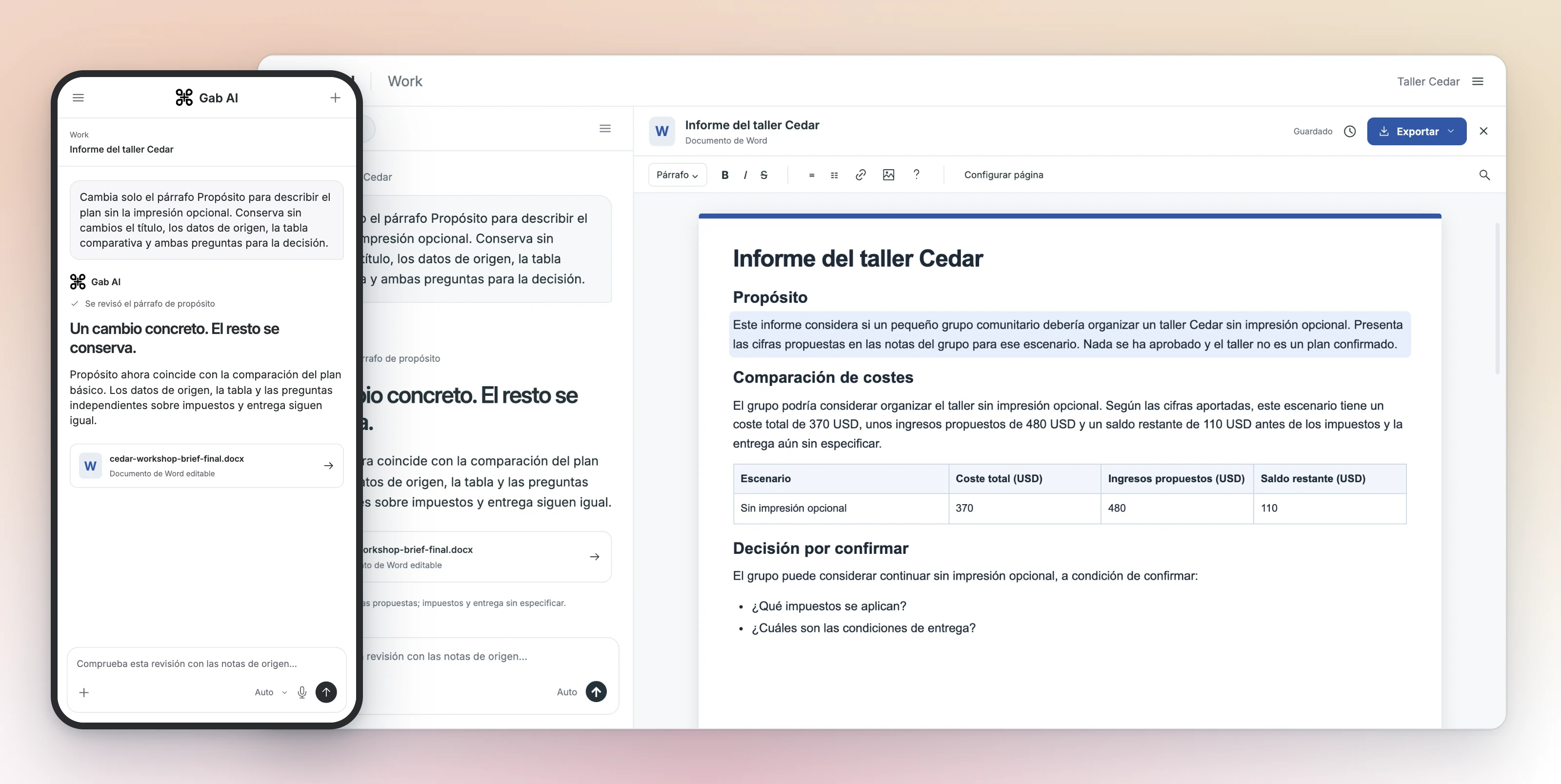 Gab AI Work muestra una revisión concreta del documento en el ordenador, con el párrafo de propósito revisado seleccionado y la tabla comparativa intacta. Un teléfono en primer plano muestra la solicitud de revisión, el documento de Word actualizado y la conversación posterior.