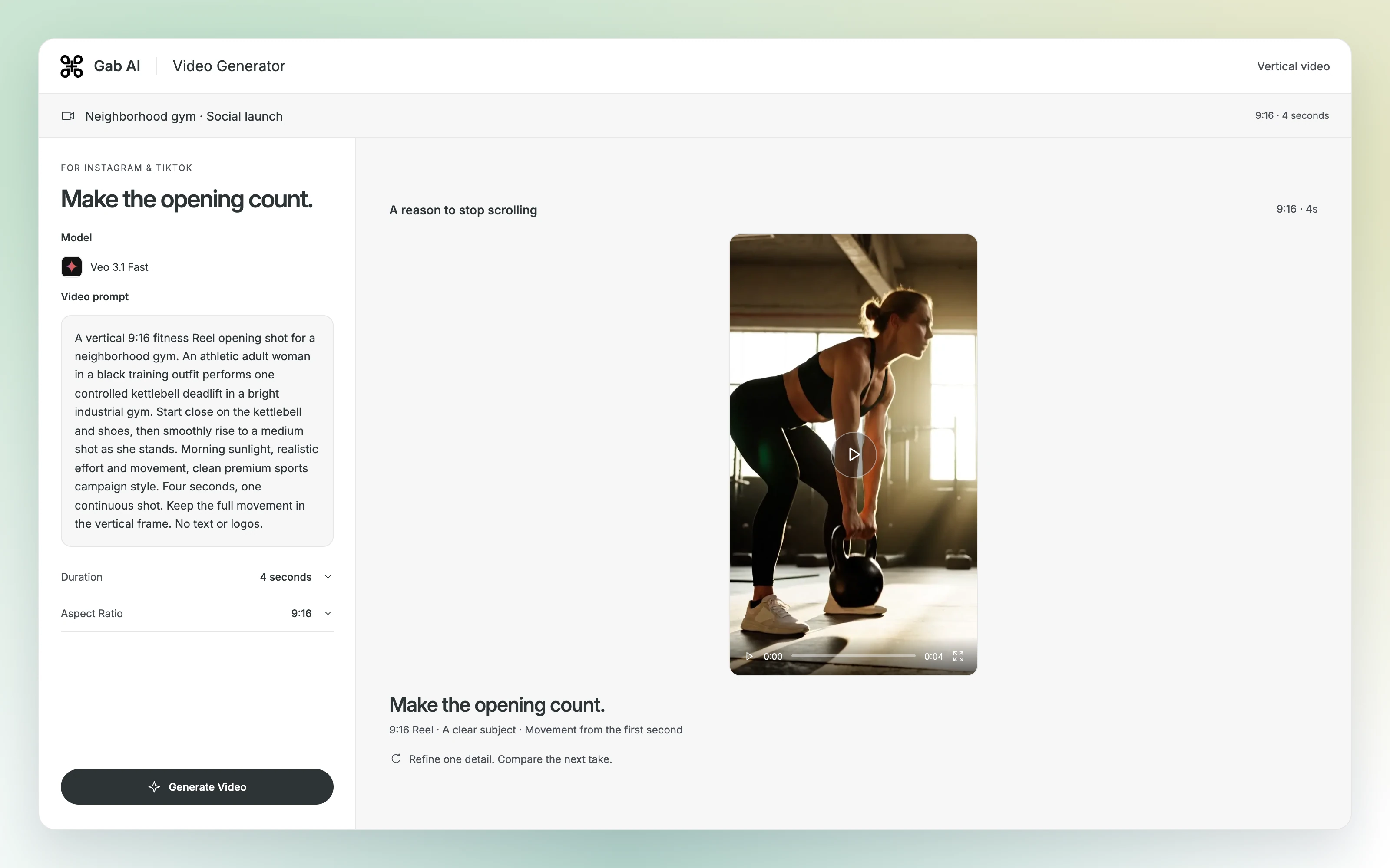 Gab AI Video Generator scene with the actual prompt and a frame from its generated a reason to stop scrolling video.