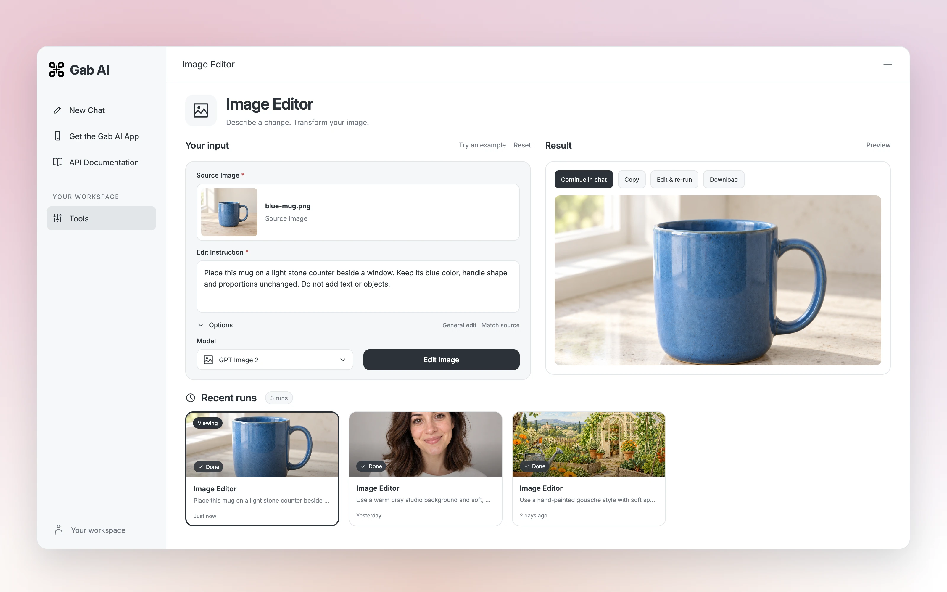 Gab AI Image Editor interface preview with a source mug image, an edit instruction, a result concept and recent image-editing runs. Reference artwork is reused; no new Gab model run is represented.