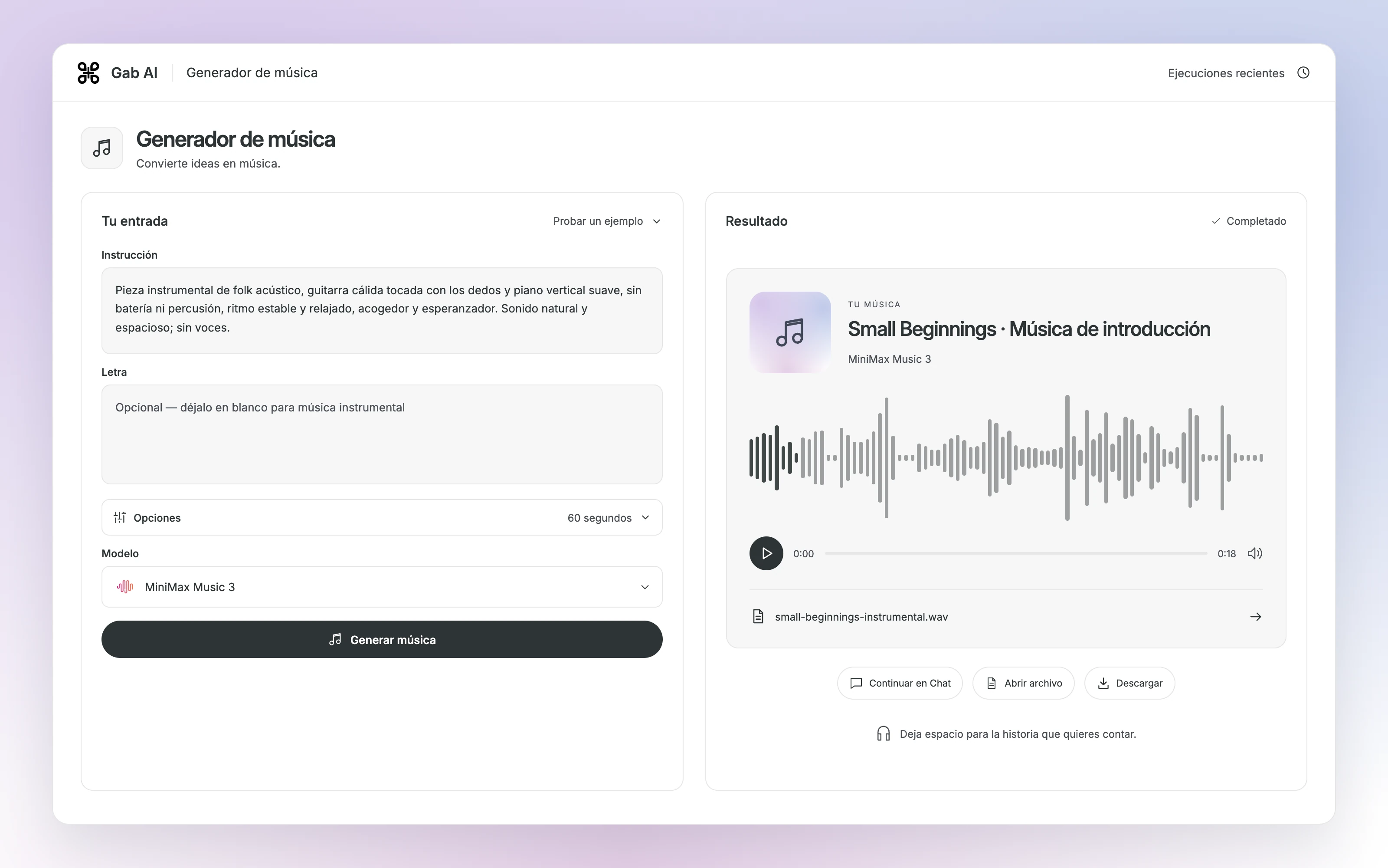 Generador de música de Gab AI con campos independientes de Prompt y Letra, modelo, opciones y un resultado de audio terminado.