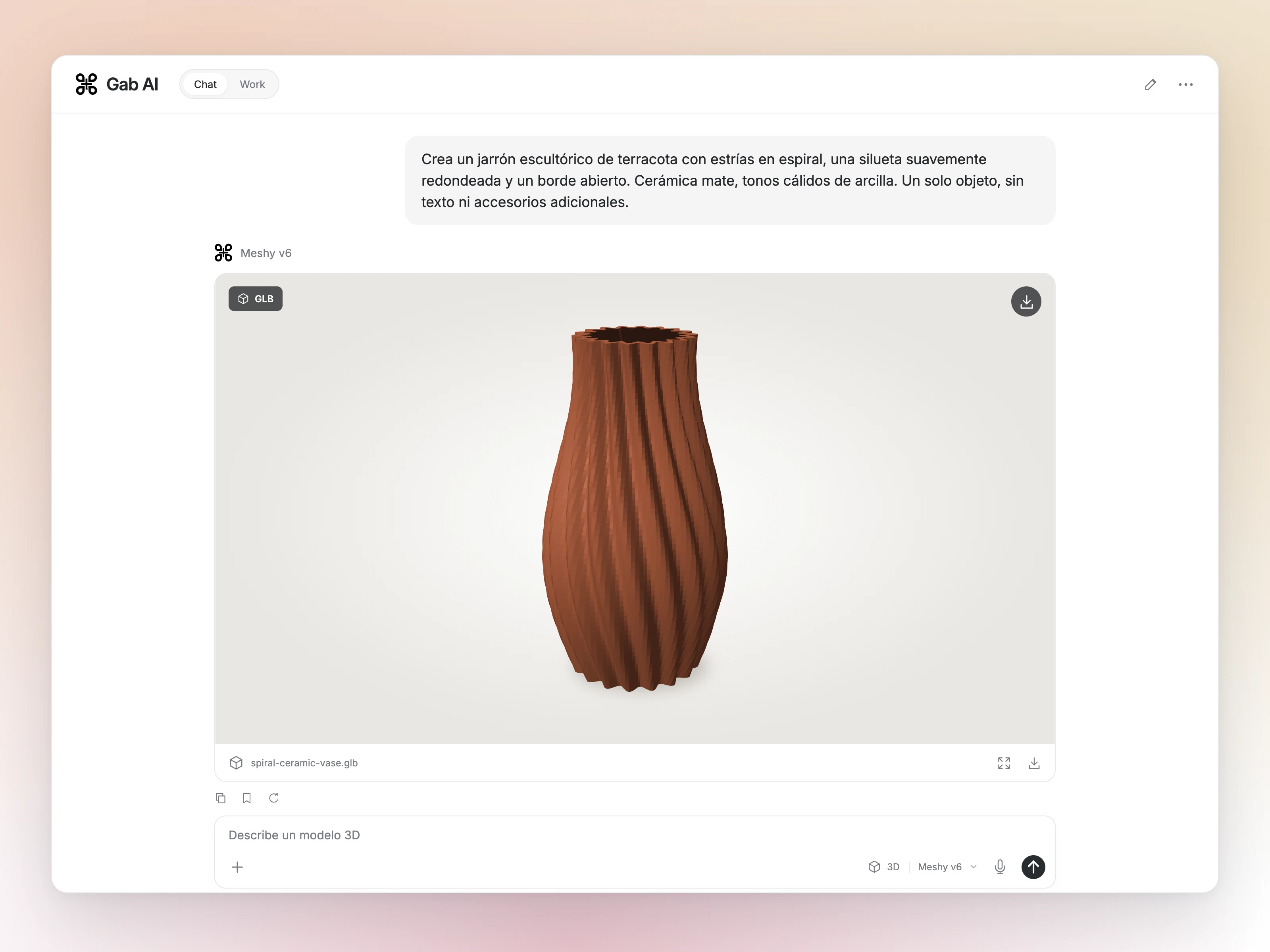 Vista de una conversación de generación 3D de Gab AI con un jarrón de terracota en espiral, una etiqueta GLB y el control de descarga. El objeto está creado con código; no es un resultado grabado de Meshy.