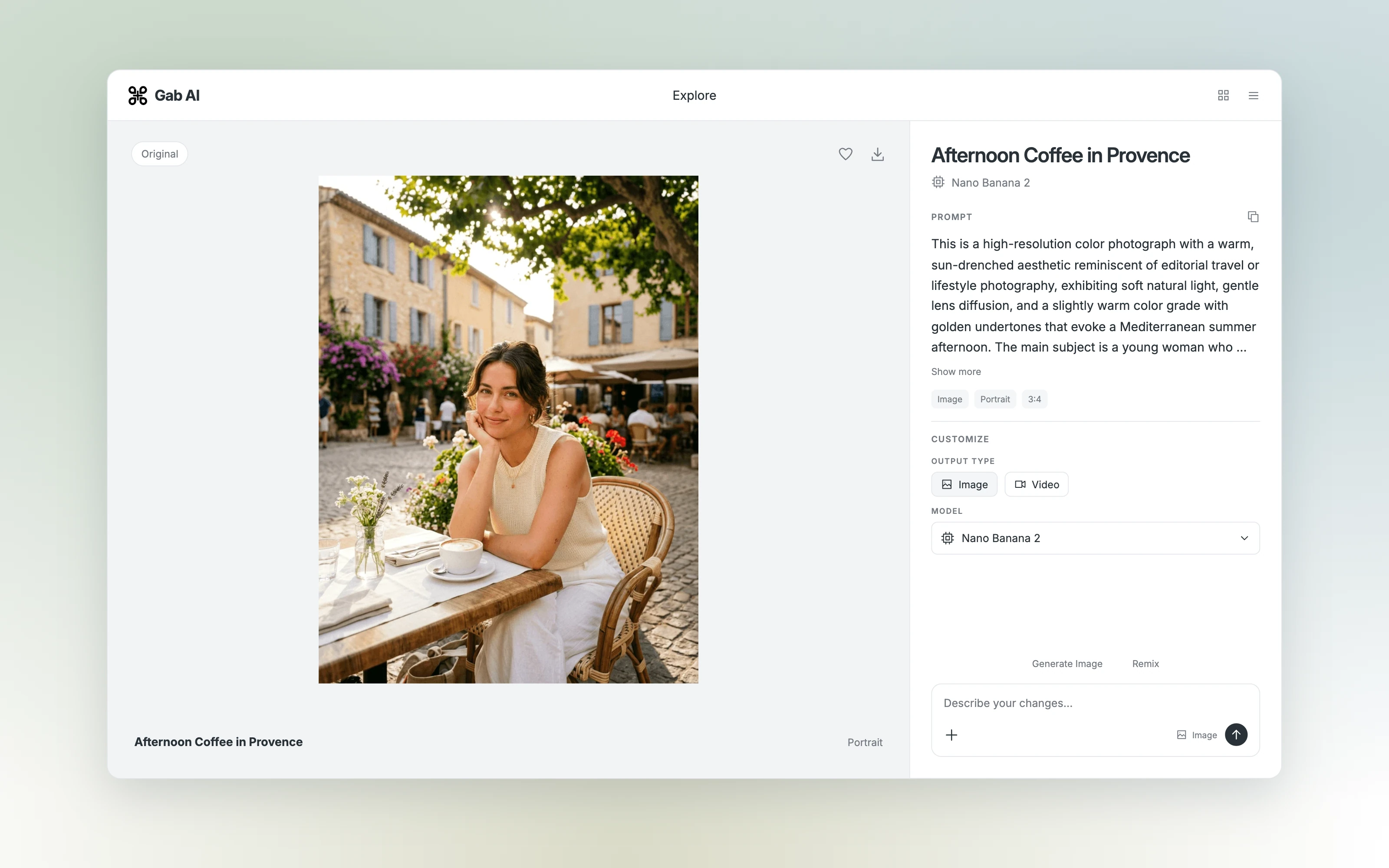 Afternoon Coffee in Provence lifestyle portrait in Gab AI Explore, with its original prompt and Nano Banana 2 model.
