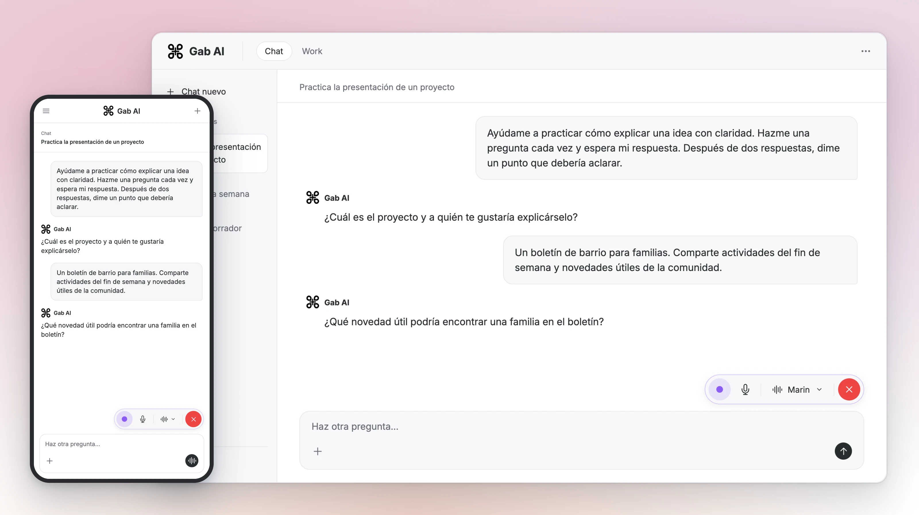 La misma conversación de presentación de un proyecto en las interfaces de Voz de escritorio y teléfono, con controles compactos de llamada.