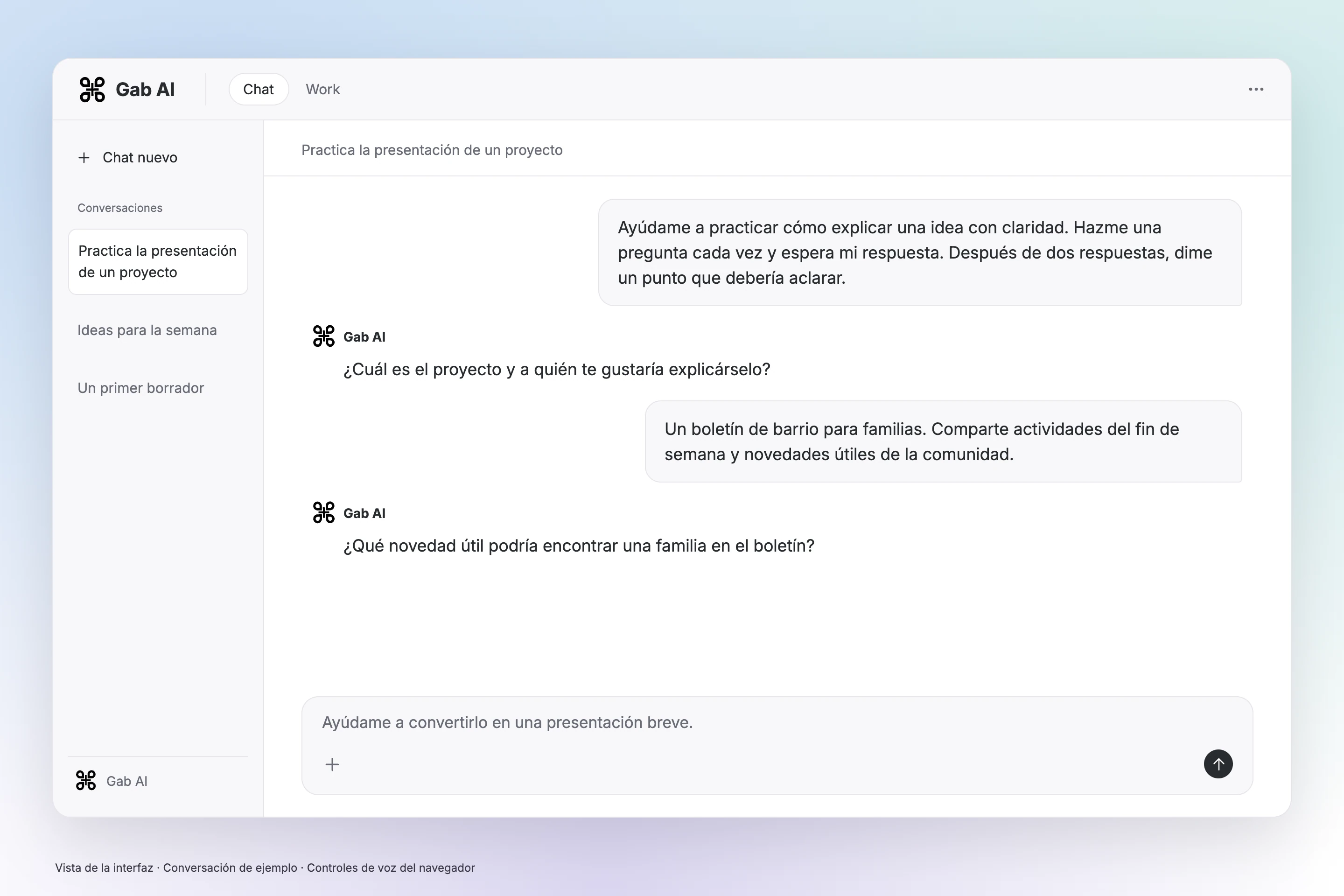 Una conversación guardada de Chat de Gab AI muestra los mismos turnos de voz y un borrador de seguimiento, sin una llamada activa.