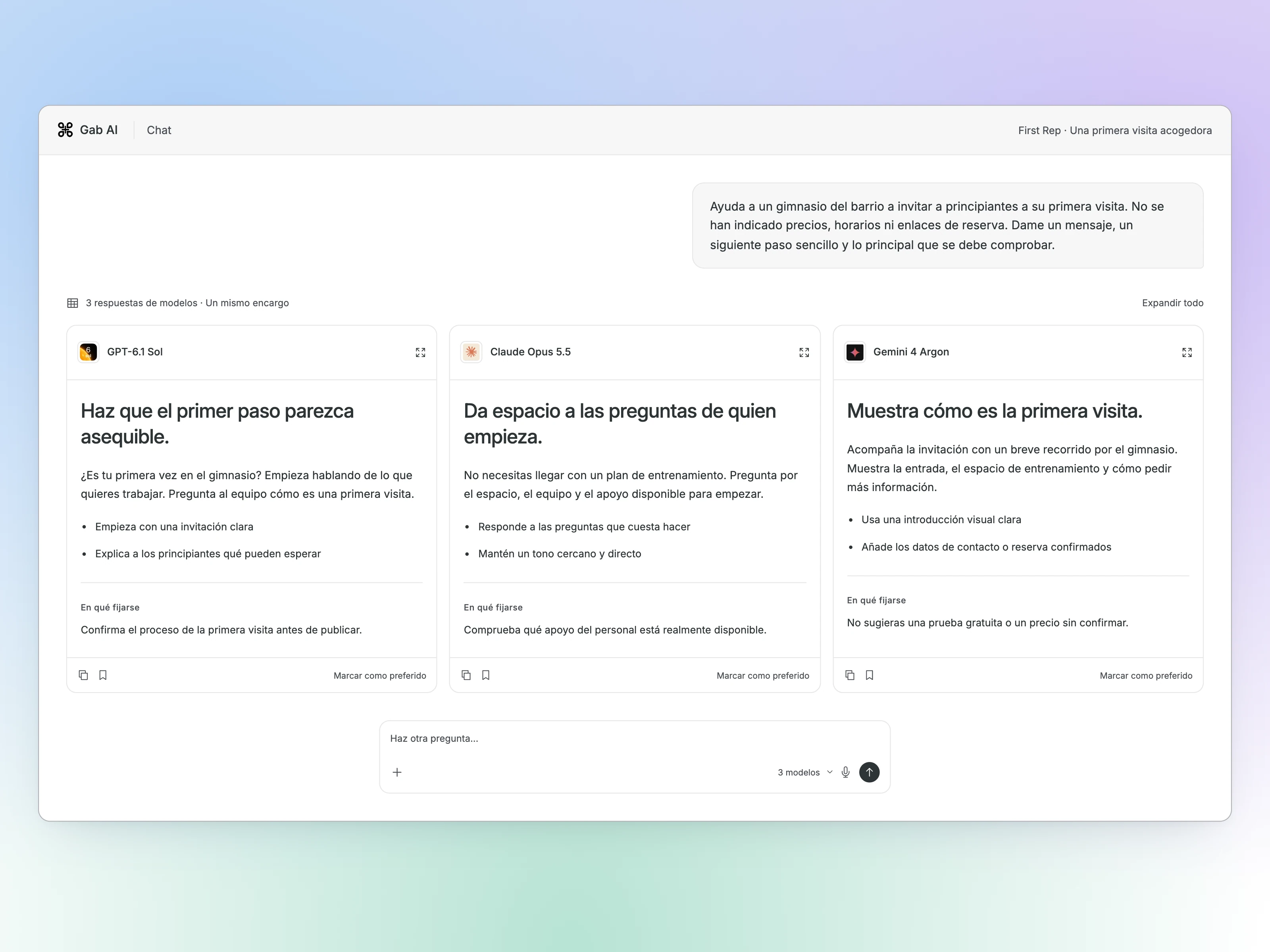 Interfaz Comparar de Gab AI con unas indicaciones para invitar a principiantes al gimnasio y tres enfoques posibles.