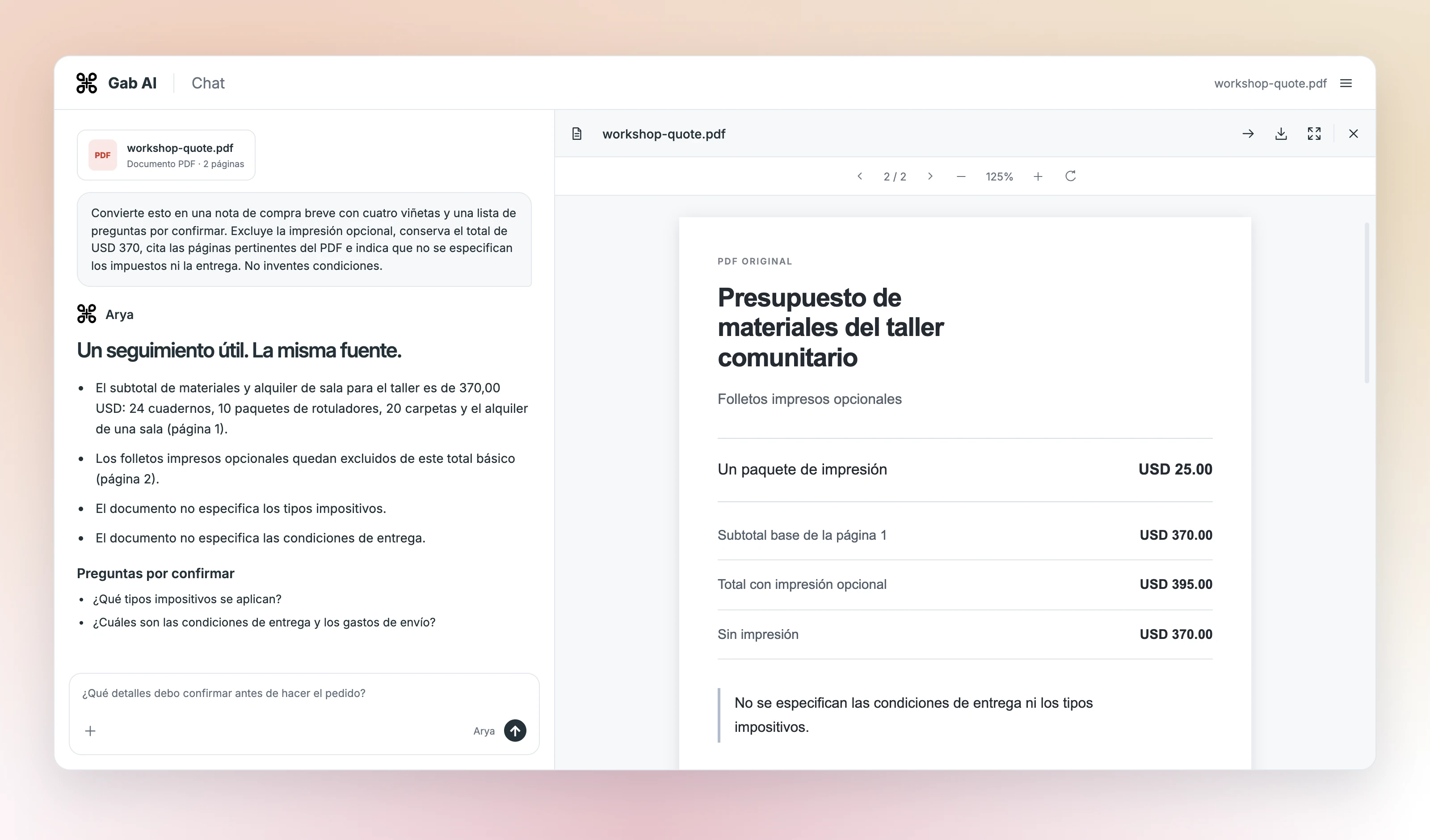 Chat de Arya muestra una nota de compra con cuatro viñetas junto a la página 2 del PDF. El total base sigue siendo 370 dólares sin impresión; las preguntas pendientes tratan sobre impuestos y entrega.