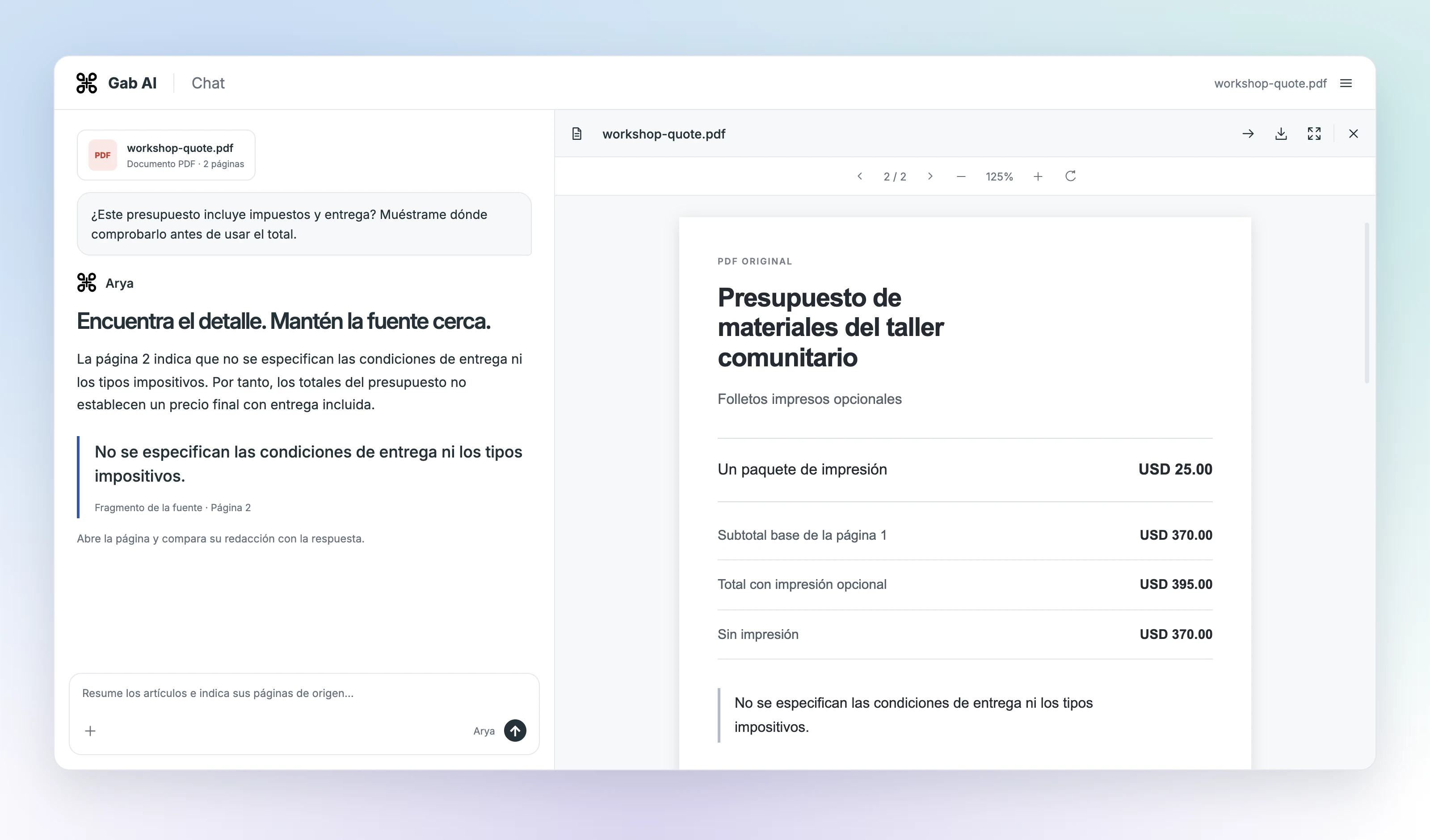 Chat de Gab AI con workshop-quote.pdf junto a su página 2. La respuesta señala la frase que indica que no se especifican los tipos impositivos ni las condiciones de entrega.
