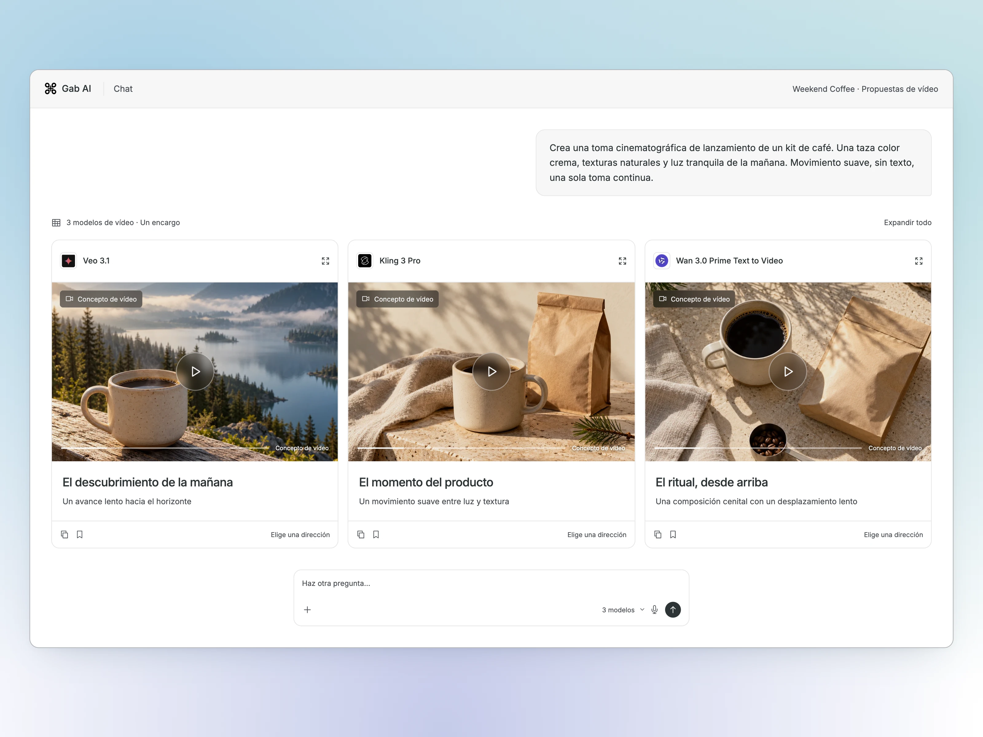Espacio de comparación de vídeos de Gab AI con Veo 3.1, Kling 3 Pro y Wan 3.0 Prime Text to Video. Tres conceptos estáticos de tomas para una campaña de café. Son vistas previas, no clips reproducibles ni resultados generados por estos modelos.