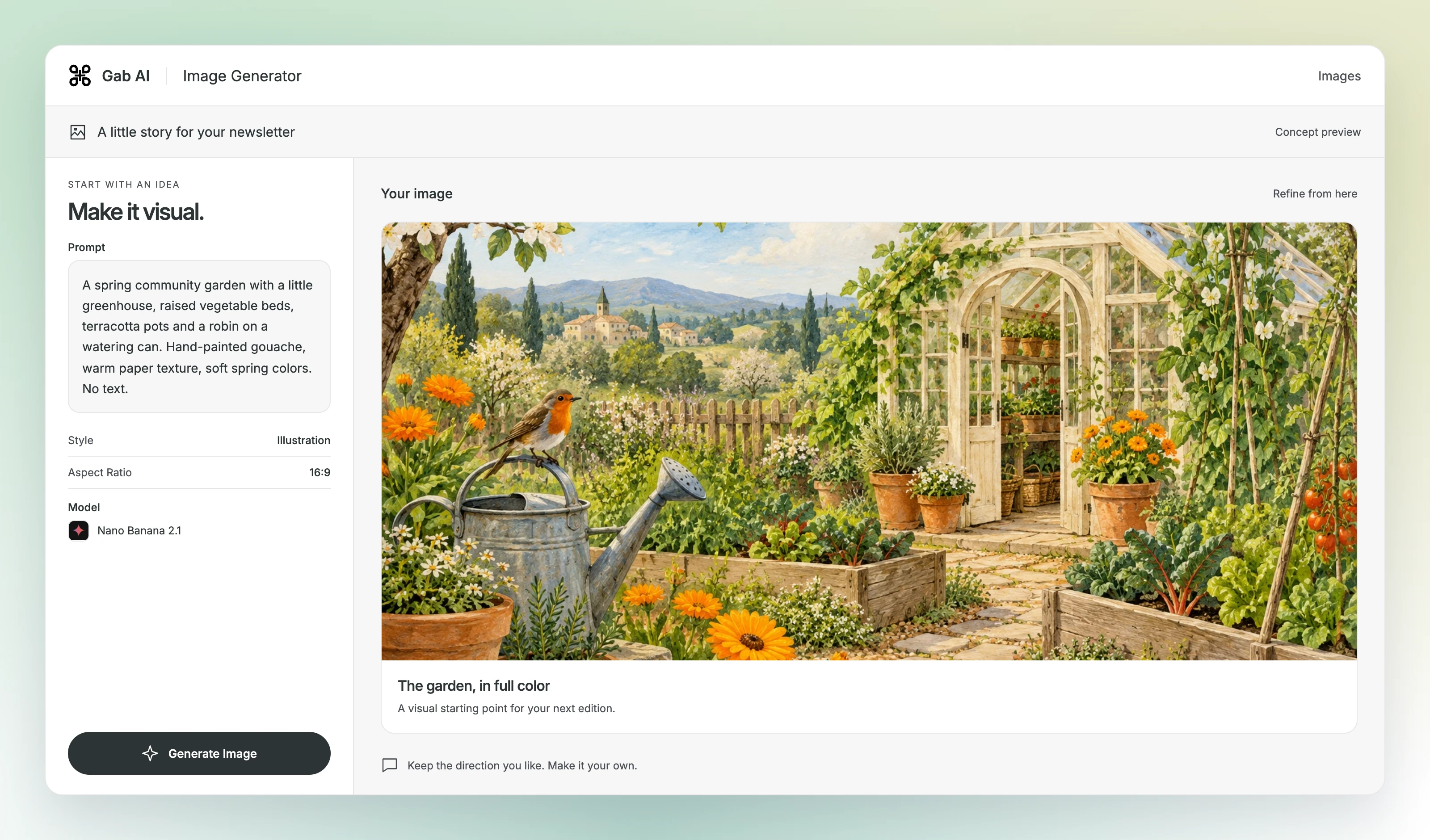 Image Generator scene with an illustration prompt, style and aspect ratio beside a garden concept preview. Illustration was created with the image generation tool, not the displayed Gab model.