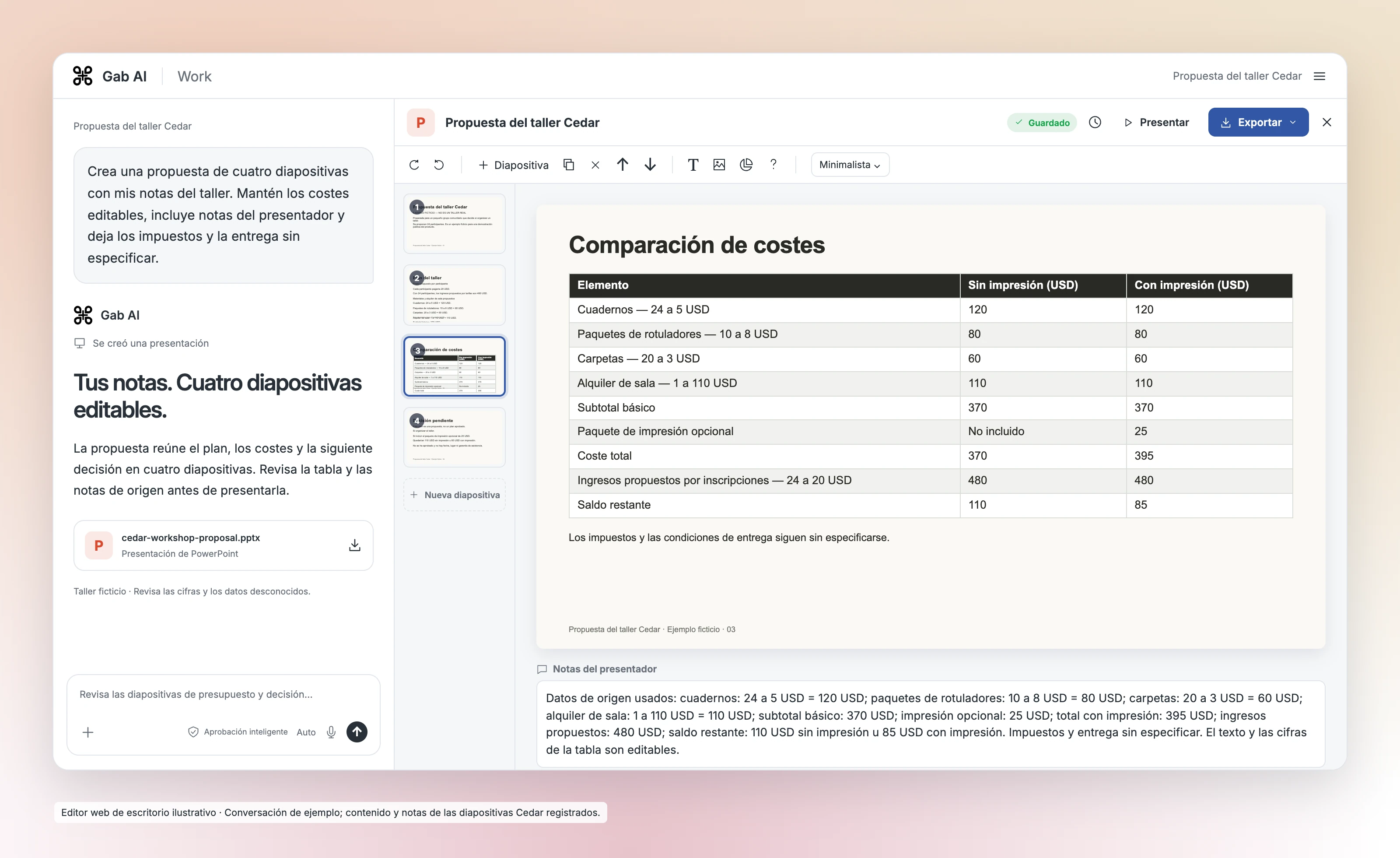 Interfaz ilustrativa de Gab AI Work junto al editor web de presentaciones. Se ven cuatro miniaturas, la comparación original registrada de costes con y sin impresión y notas basadas en las fuentes.