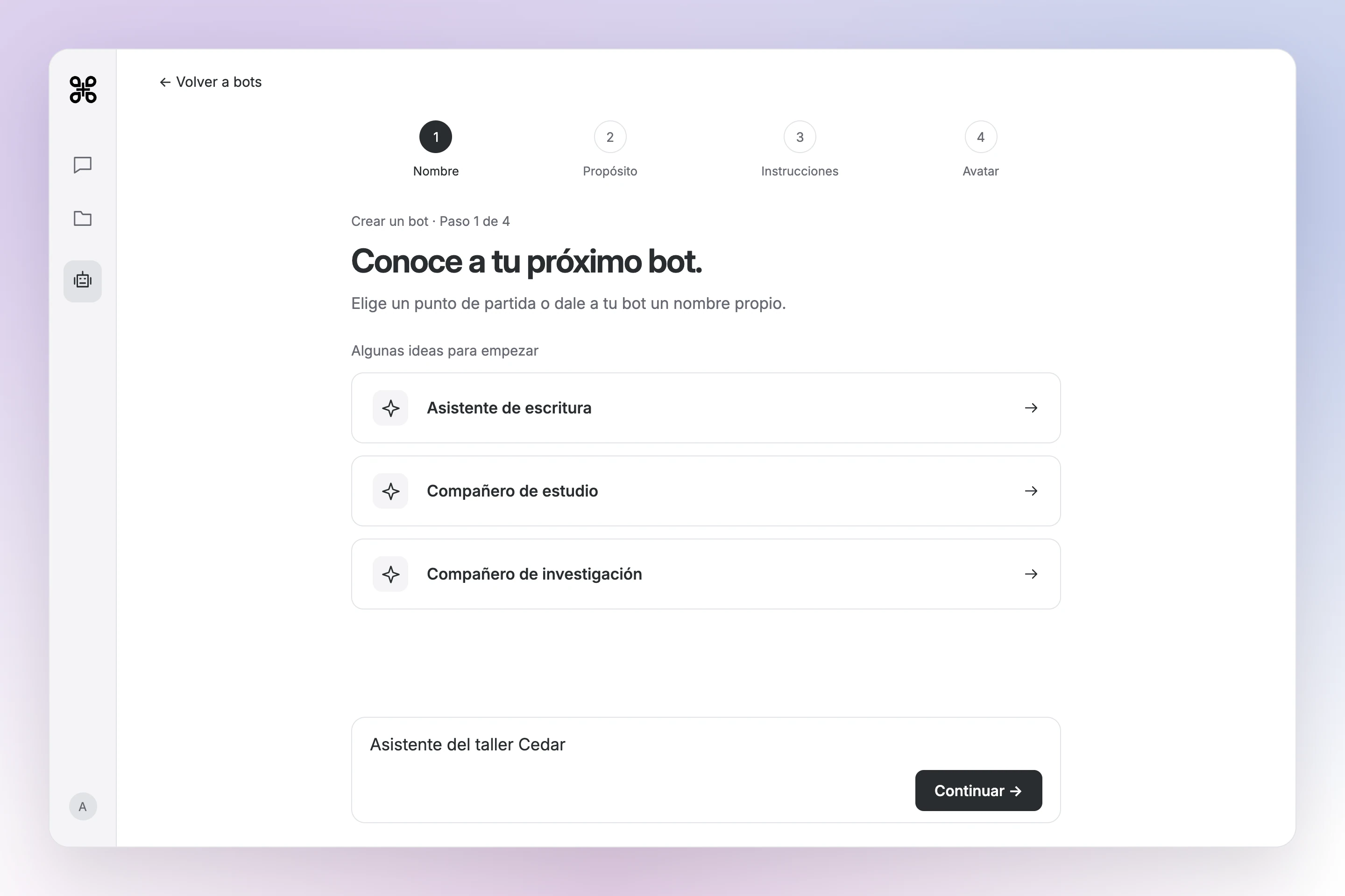 Configuración de un bot de Gab AI con los pasos Nombre, Propósito, Instrucciones y Avatar, un campo de nombre con Ayudante del taller Cedar y el botón Continuar.