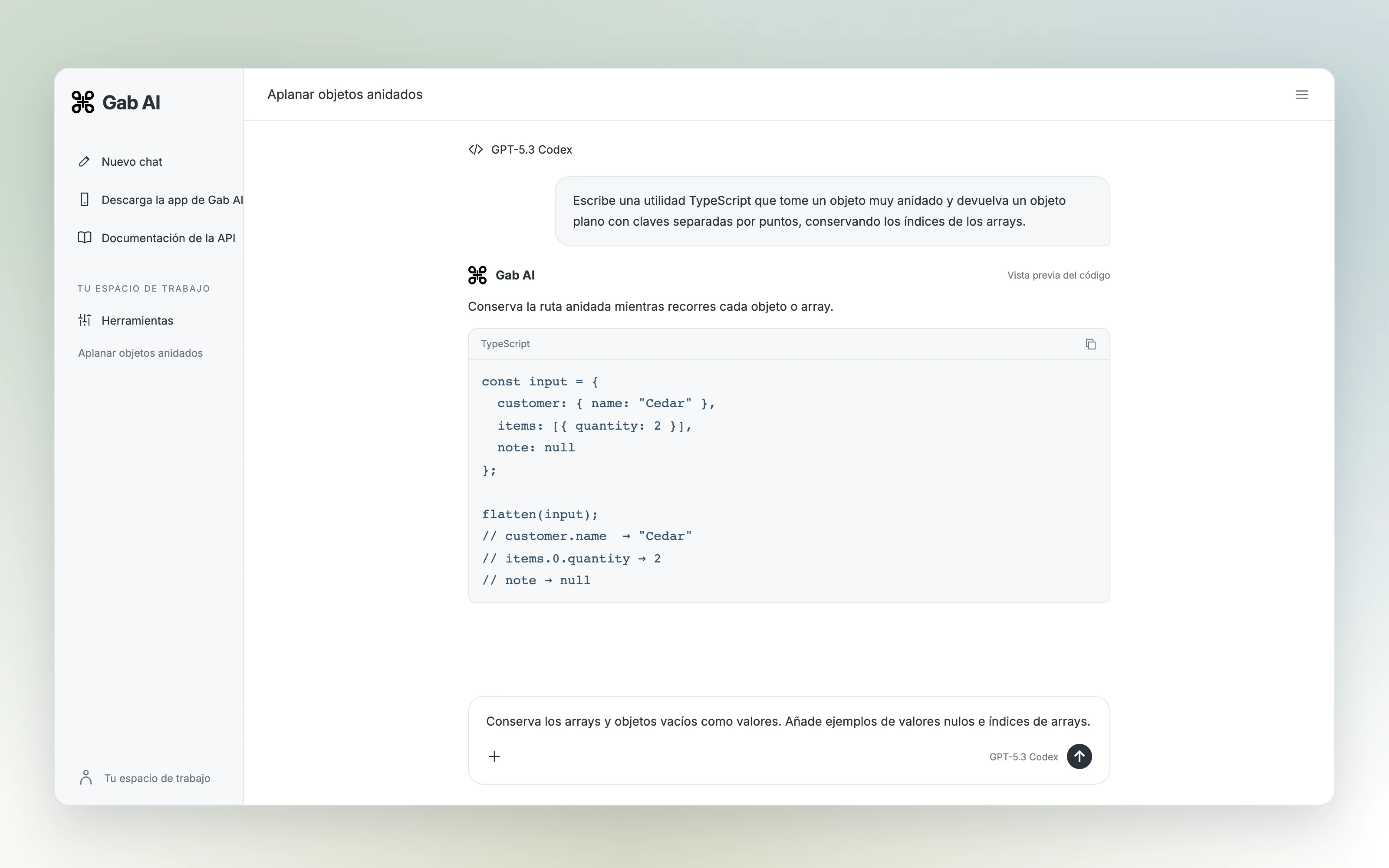 Vista de Chat de Gab AI que continúa el ejemplo del Generador de código con un borrador de seguimiento concreto.