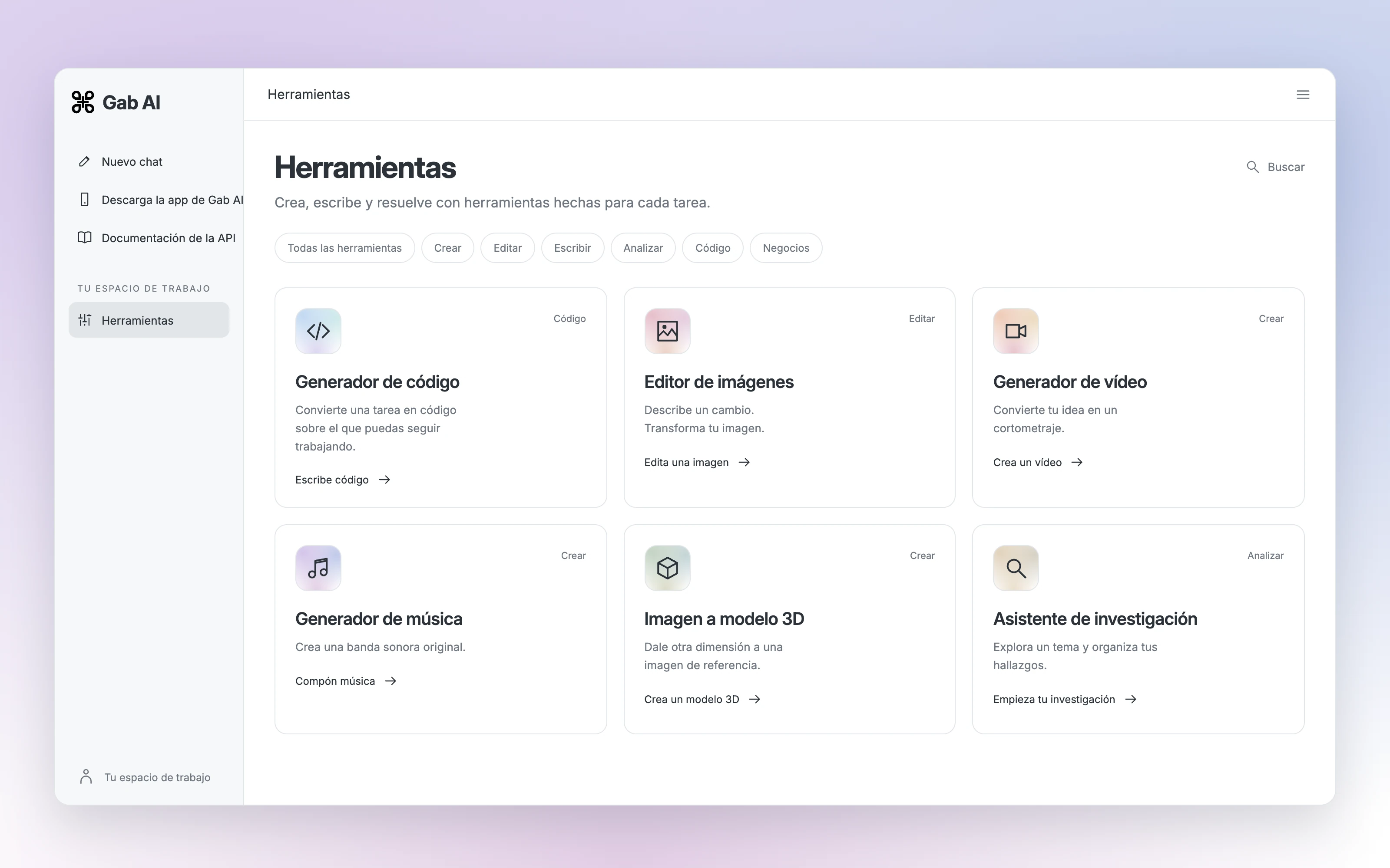 Vista de la biblioteca de Herramientas de Gab AI con Generador de código, Editor de imágenes, Generador de vídeo, Generador de música, Imagen a modelo 3D y Asistente de investigación.