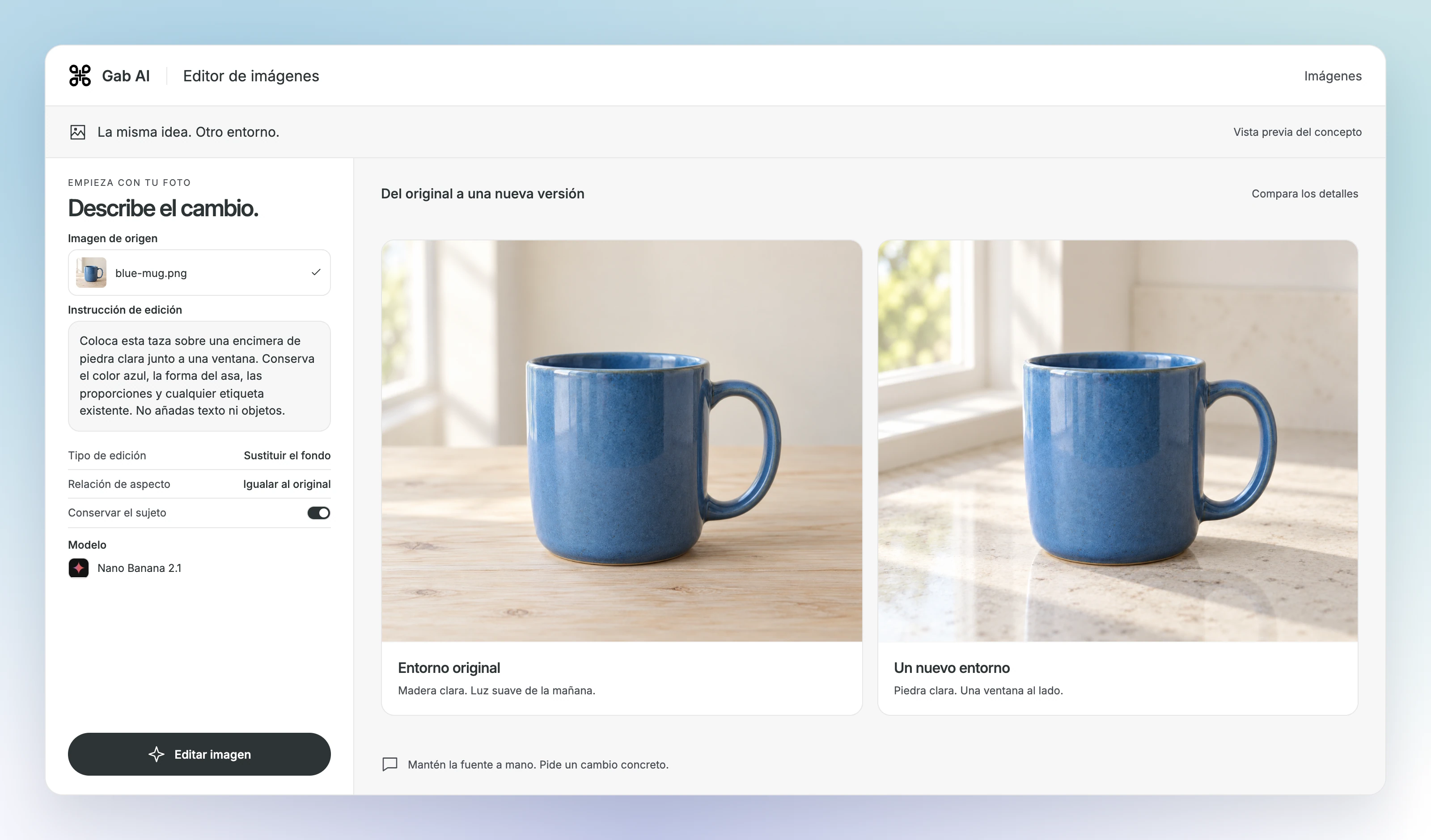 Concepto del editor de imágenes con la taza azul original y su edición de referencia registrada en ChatGPT junto a una instrucción para cambiar el fondo. Estas imágenes no son resultados del modelo de Gab mostrado.