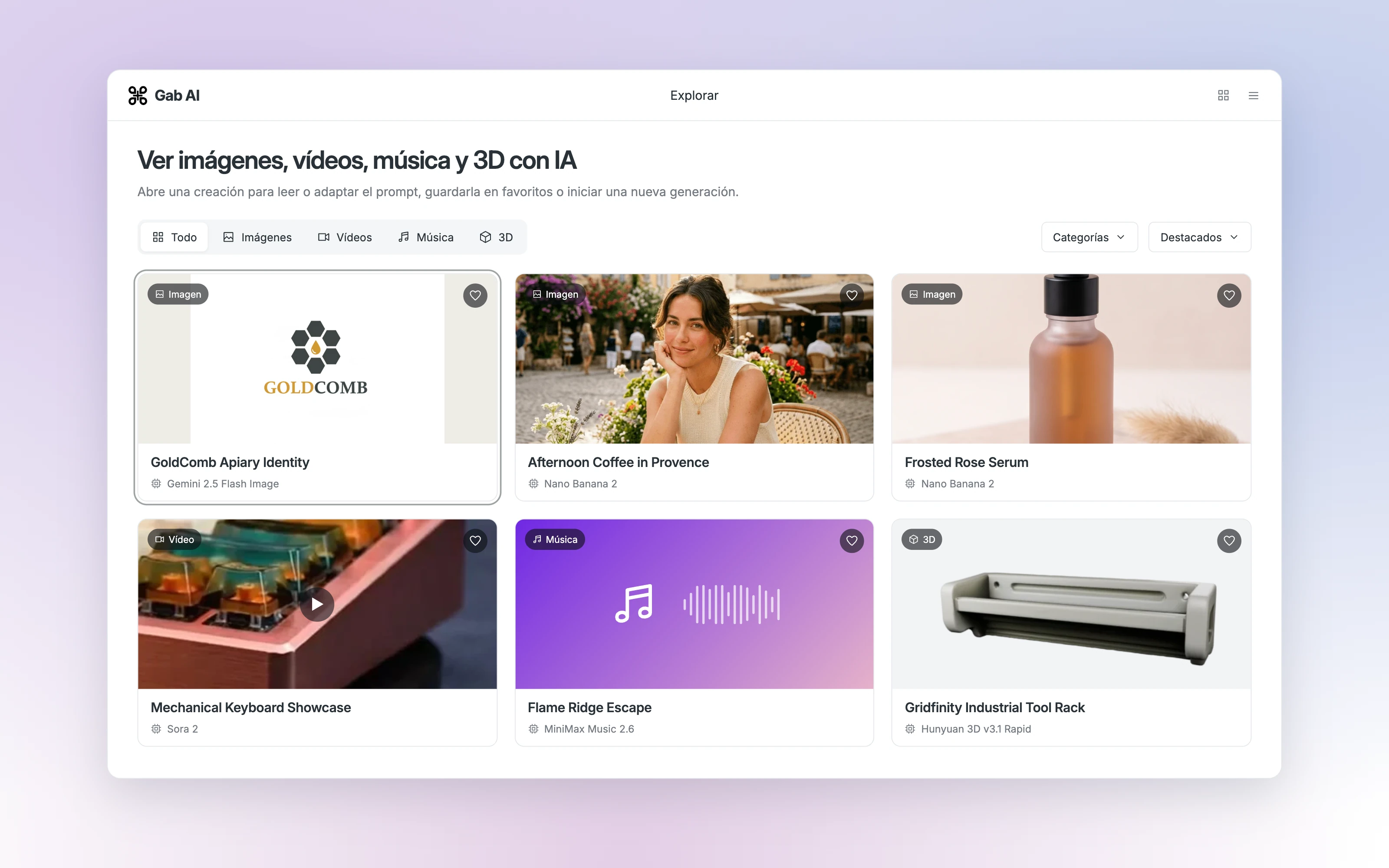 Galería Explorar de Gab AI con un logotipo de marca, una mujer en una cafetería, fotografía de producto y vistas previas de vídeo, música y 3D.