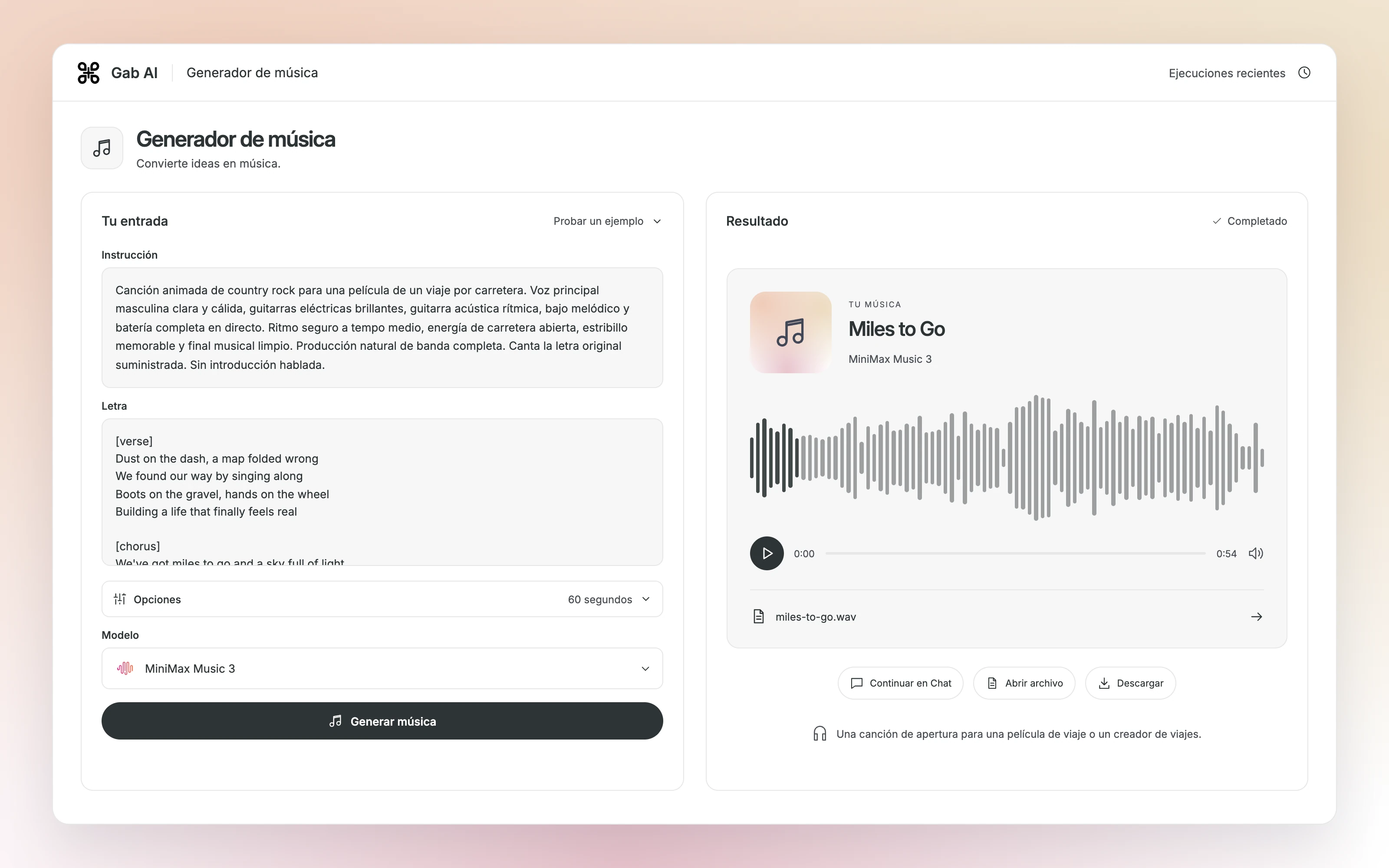 El generador de música de Gab AI muestra el encargo de country rock, la letra original y un resultado de audio de MiniMax Music 3.