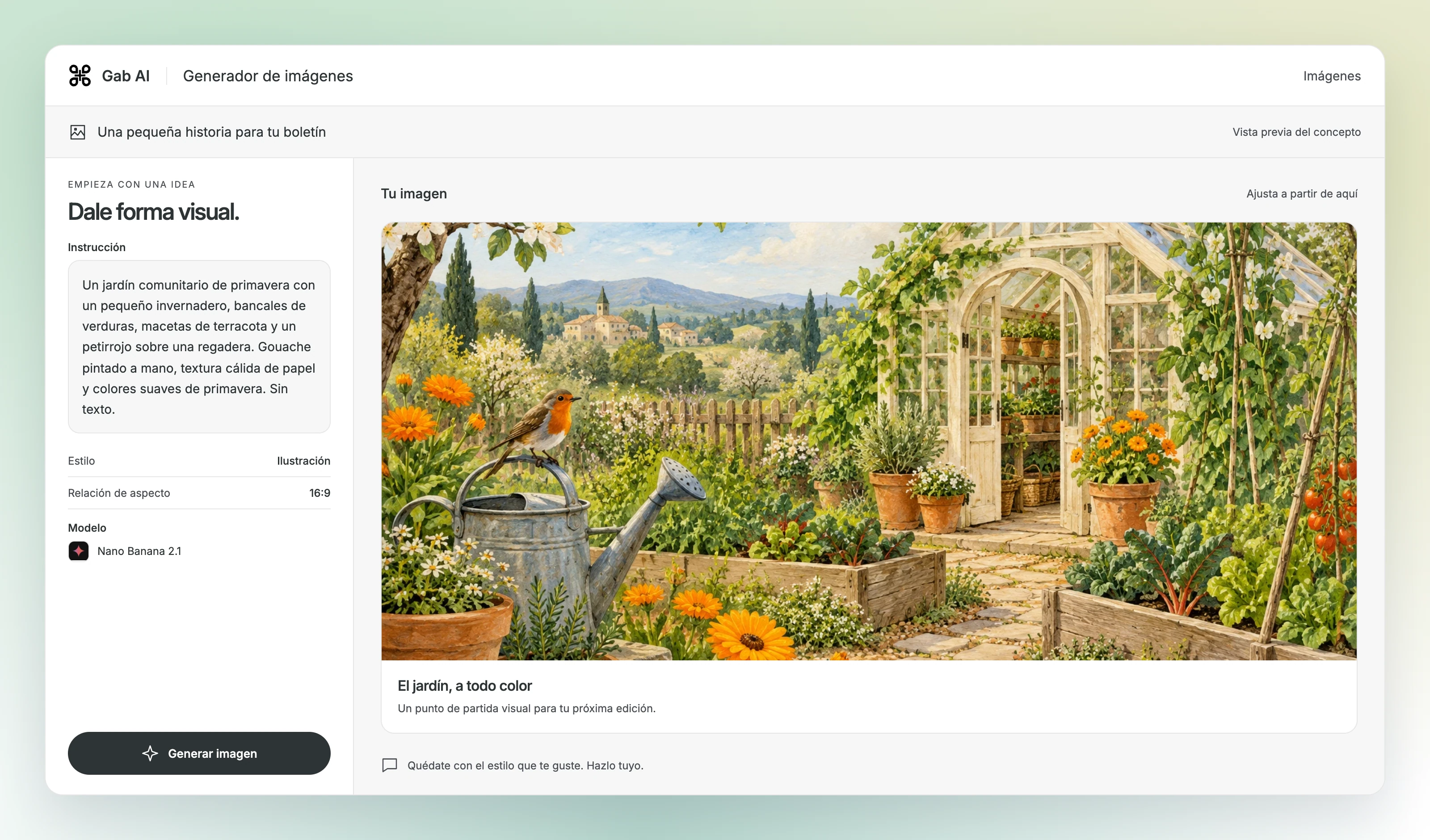 Escena del generador de imágenes con una instrucción de ilustración, estilo y relación de aspecto junto a la vista previa de un jardín. La ilustración se creó con la herramienta de generación de imágenes, no con el modelo de Gab mostrado.