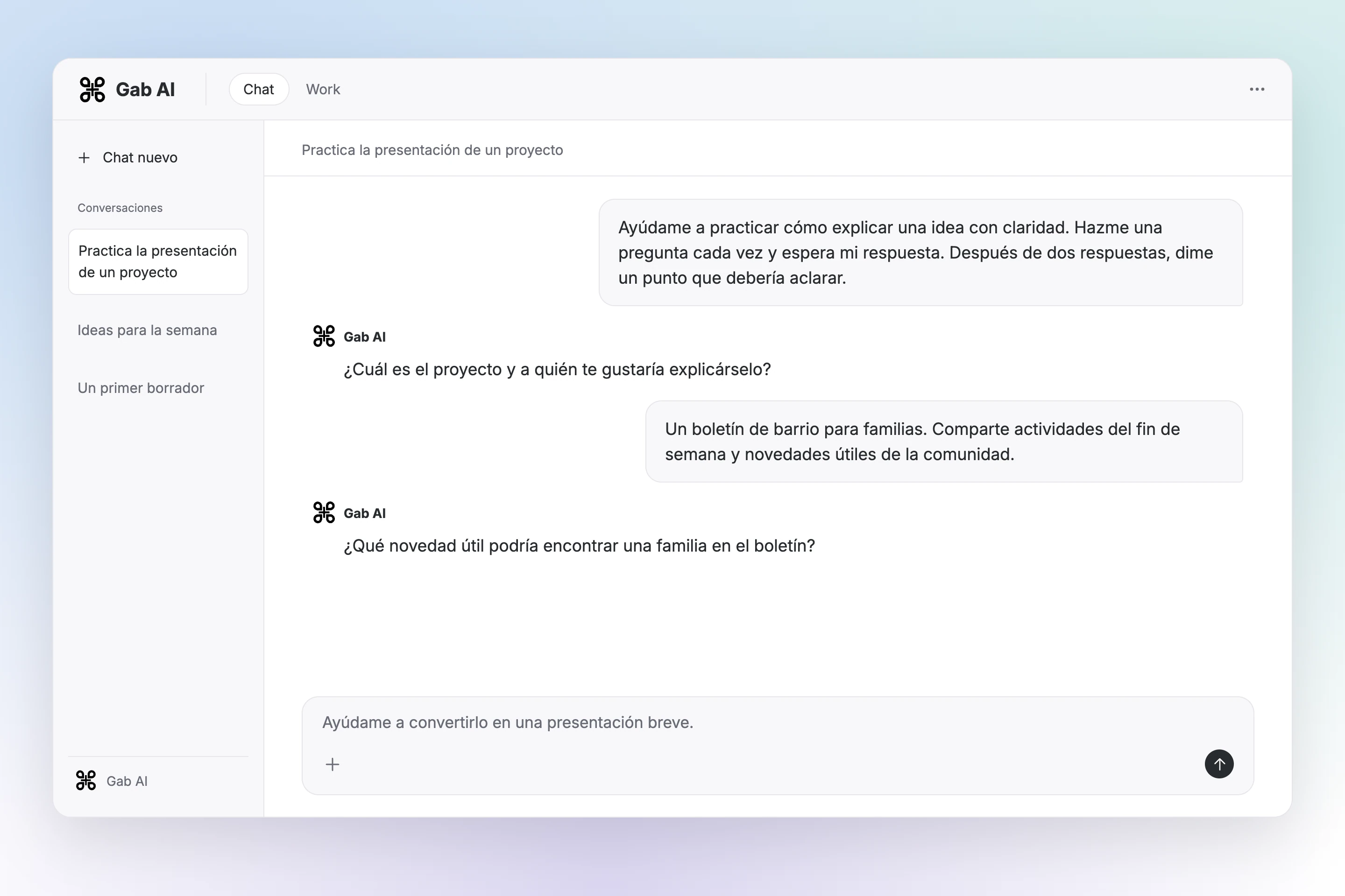 Chat de Gab AI con la conversación guardada sobre la presentación del proyecto y un seguimiento por texto.