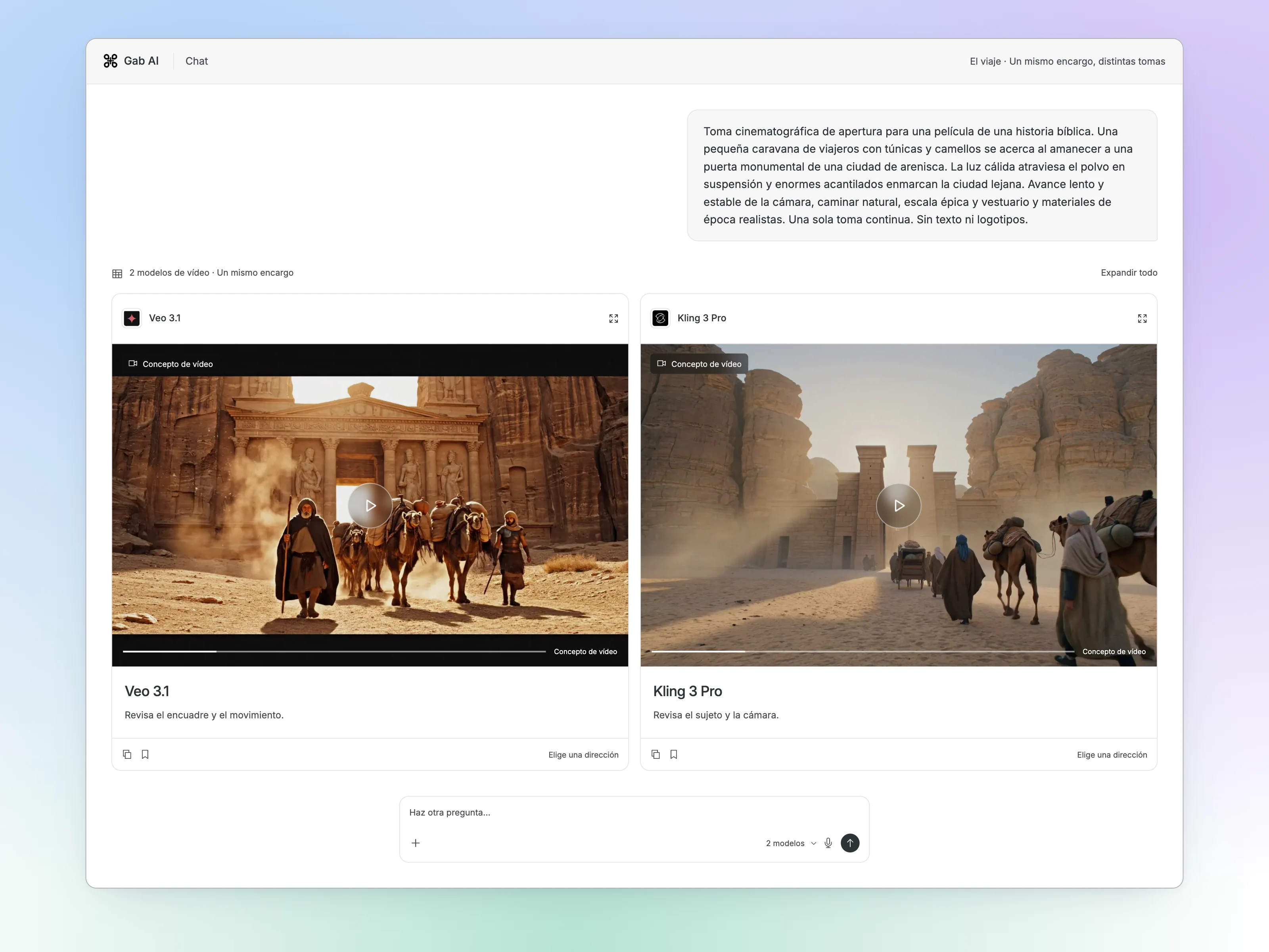 Vista del espacio de trabajo de Compare de Gab AI con el mismo encargo y fotogramas de vídeos generados con Veo 3.1 y Kling 3 Pro. La composición del generador de escenas compartido no es una captura de pantalla.