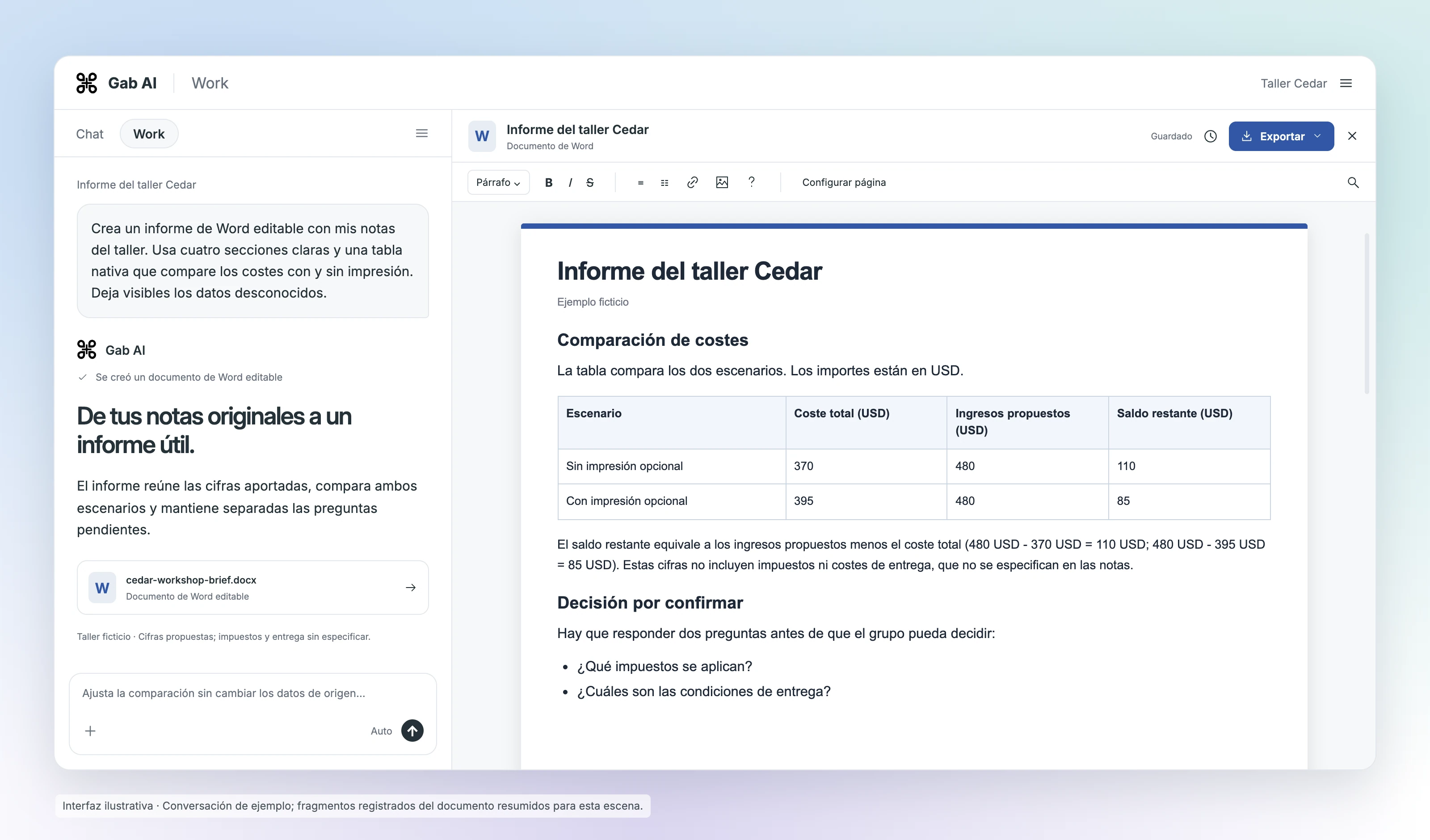 Interfaz ilustrativa de Gab AI Work junto al editor de documentos. Los fragmentos registrados del informe Cedar incluyen una tabla editable de costes con y sin impresión y preguntas separadas sobre impuestos y entrega.