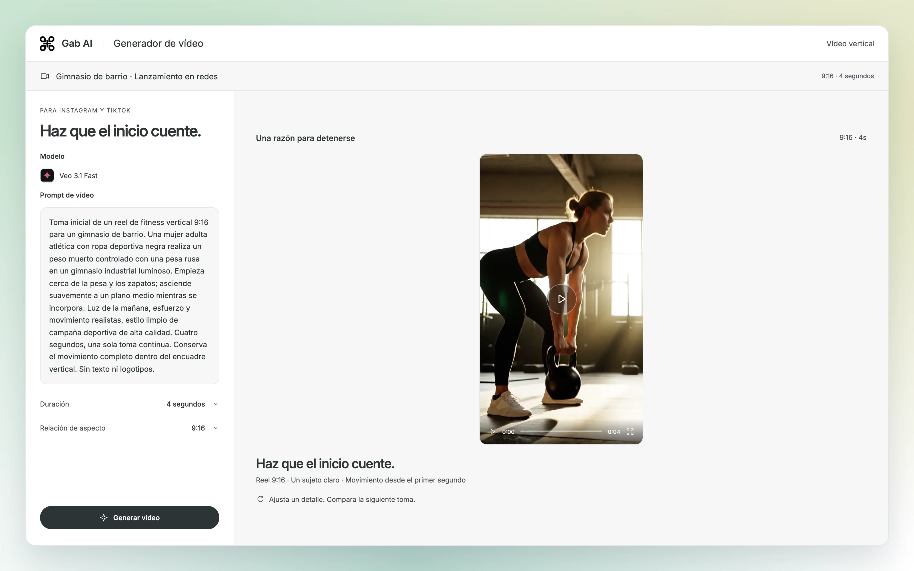 El generador de vídeos de Gab AI muestra el prompt y un fotograma del vídeo generado A reason to stop scrolling.