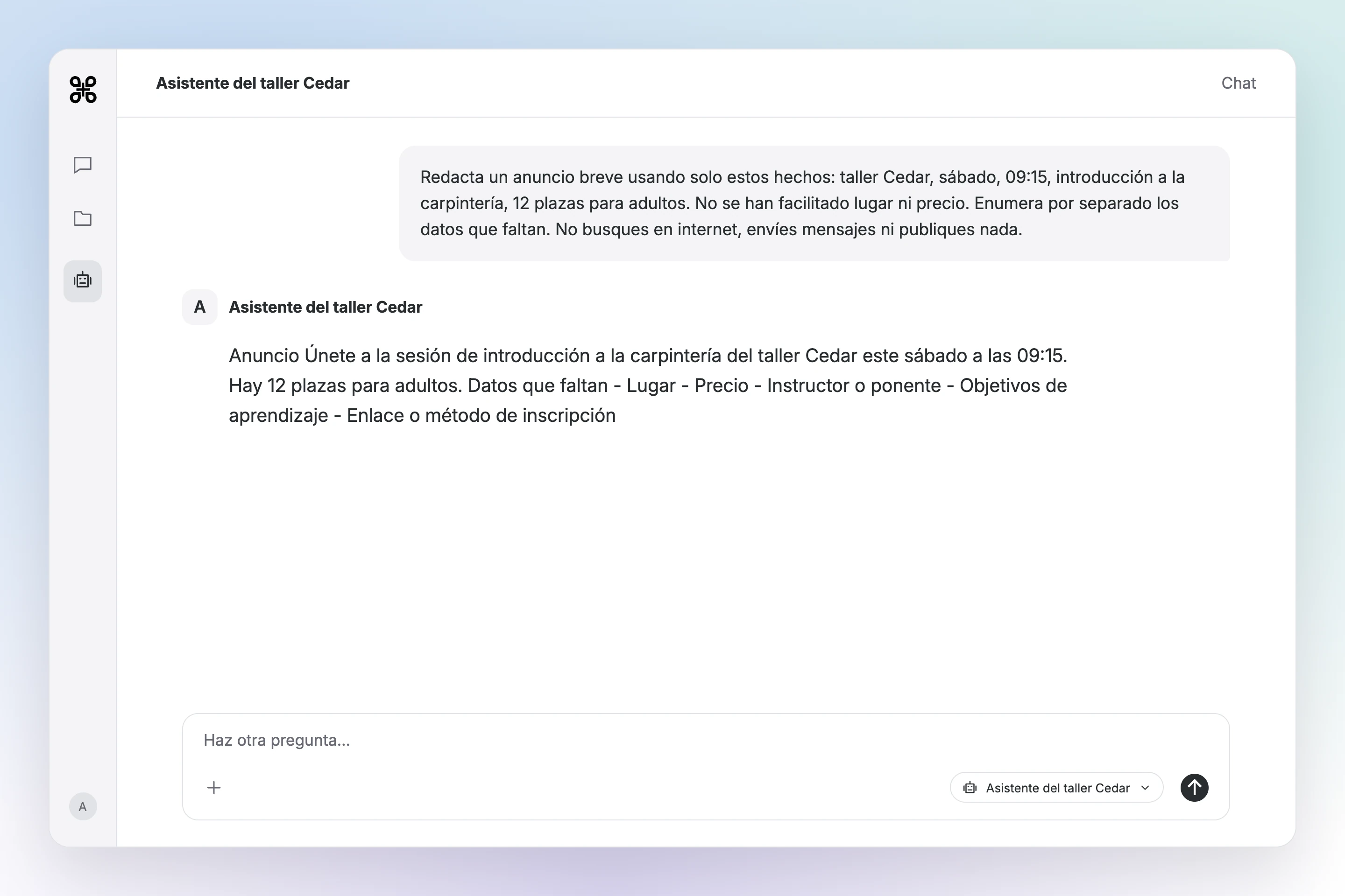 Chat de Gab AI con Ayudante del taller Cedar seleccionado. Su anuncio conserva el sábado a las 09:15 y las 12 plazas para adultos y enumera por separado la información que falta.