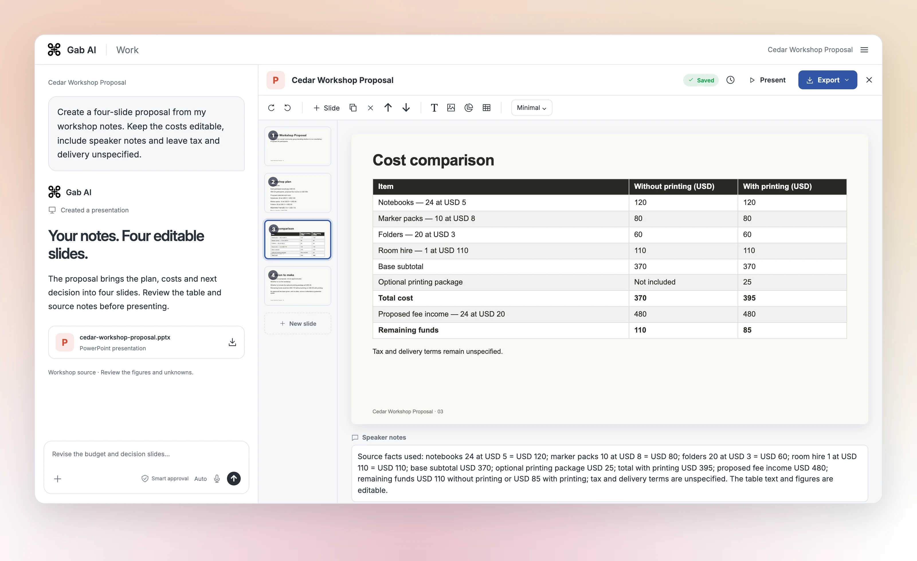 Gab AI Work beside the desktop web presentation editor. Four slide thumbnails, the recorded original cost comparison with and without printing, and source-based speaker notes are visible.