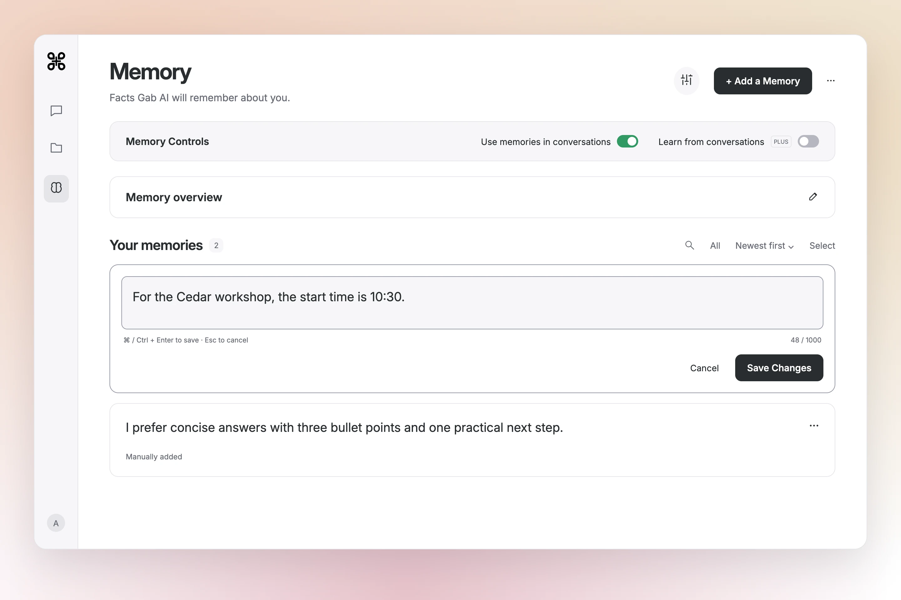 Gab AI Memory interface preview editing the Cedar workshop entry to 10:30, with a character counter, Cancel and Save Changes.