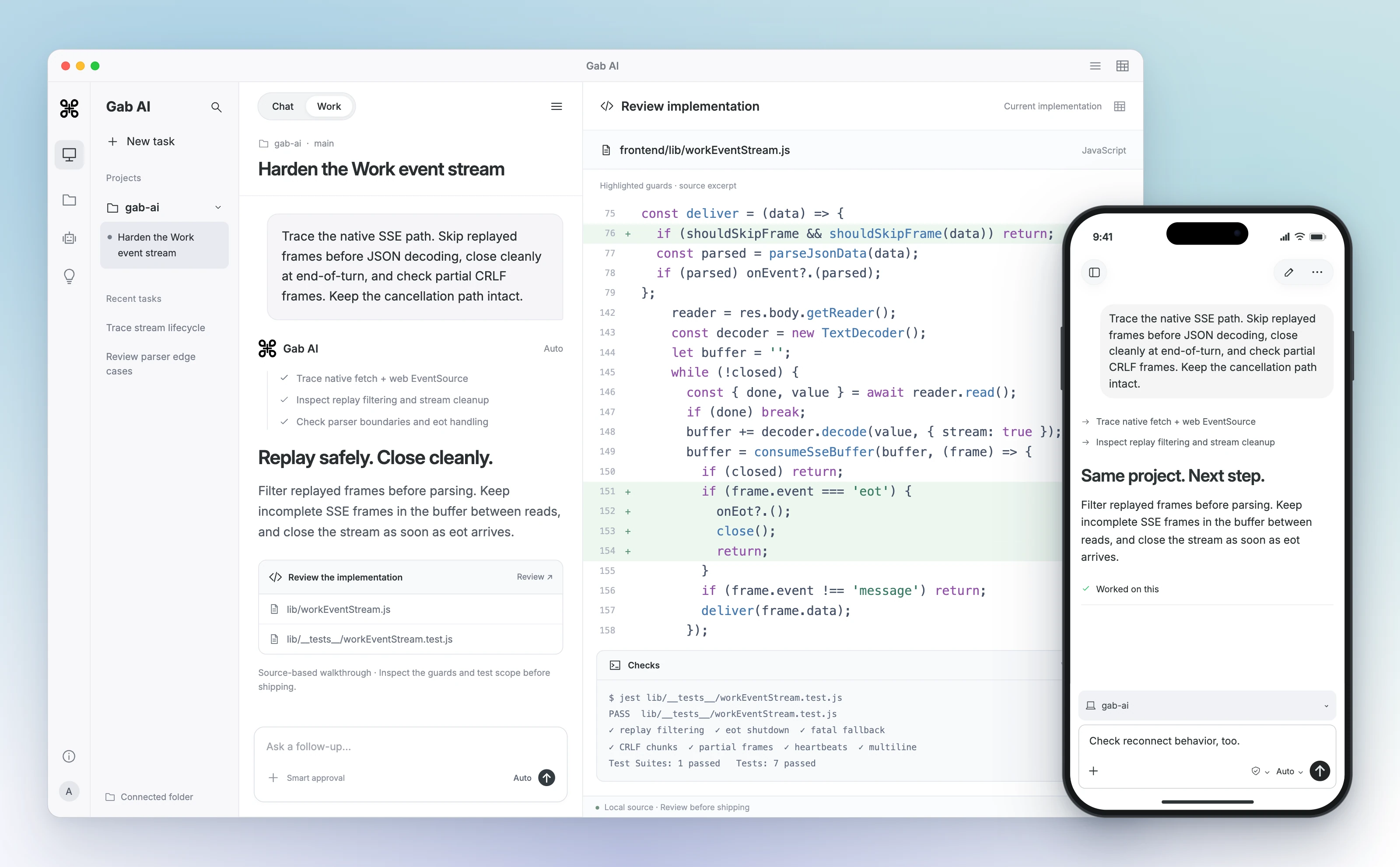 Gab AI Work on a Mac and iPhone shows the same shared project, code review and an unsent phone follow-up. Remote requires a paired online host and permitted folder access.