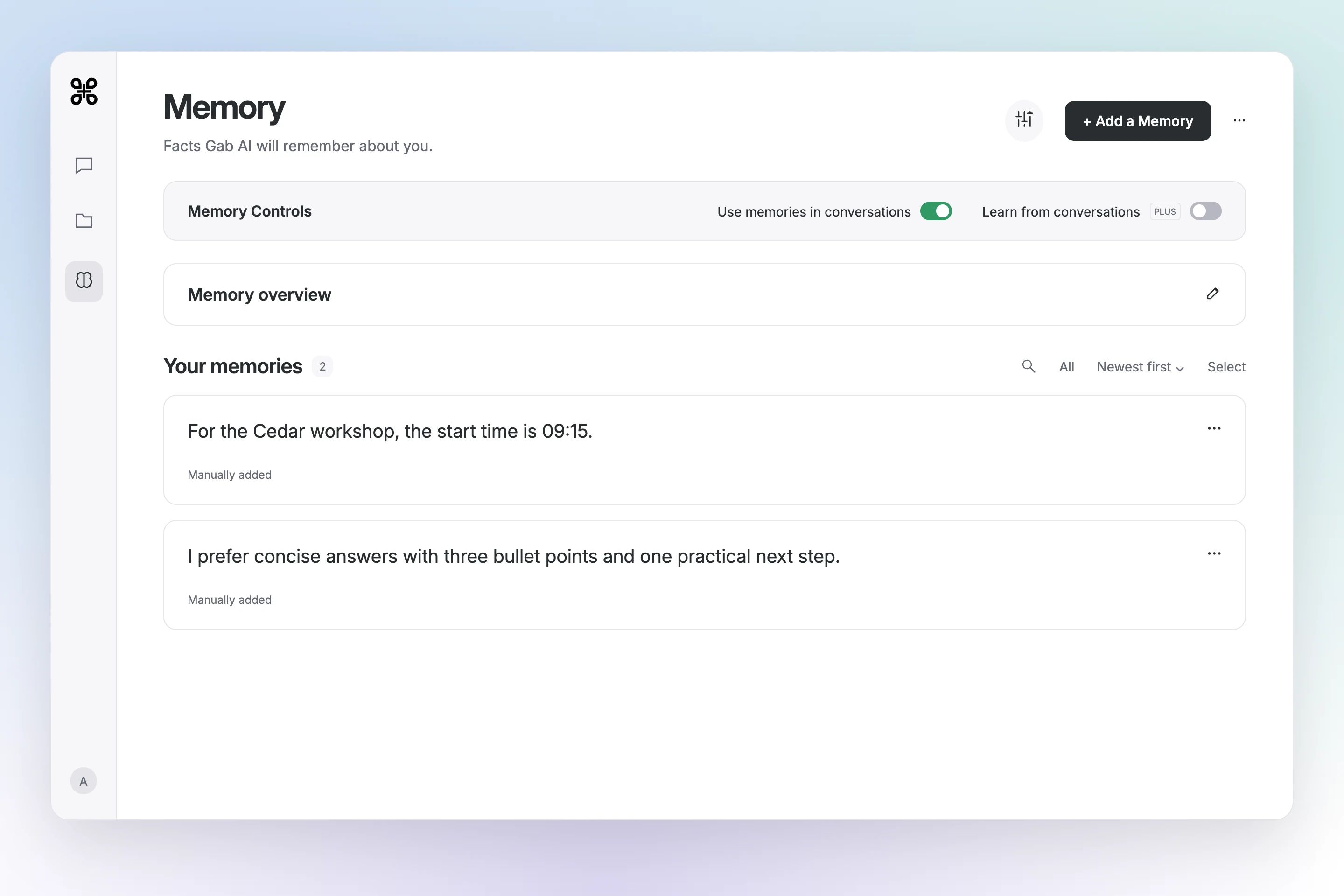 Gab AI Memory shows two saved entries, including the Cedar workshop start time of 09:15.