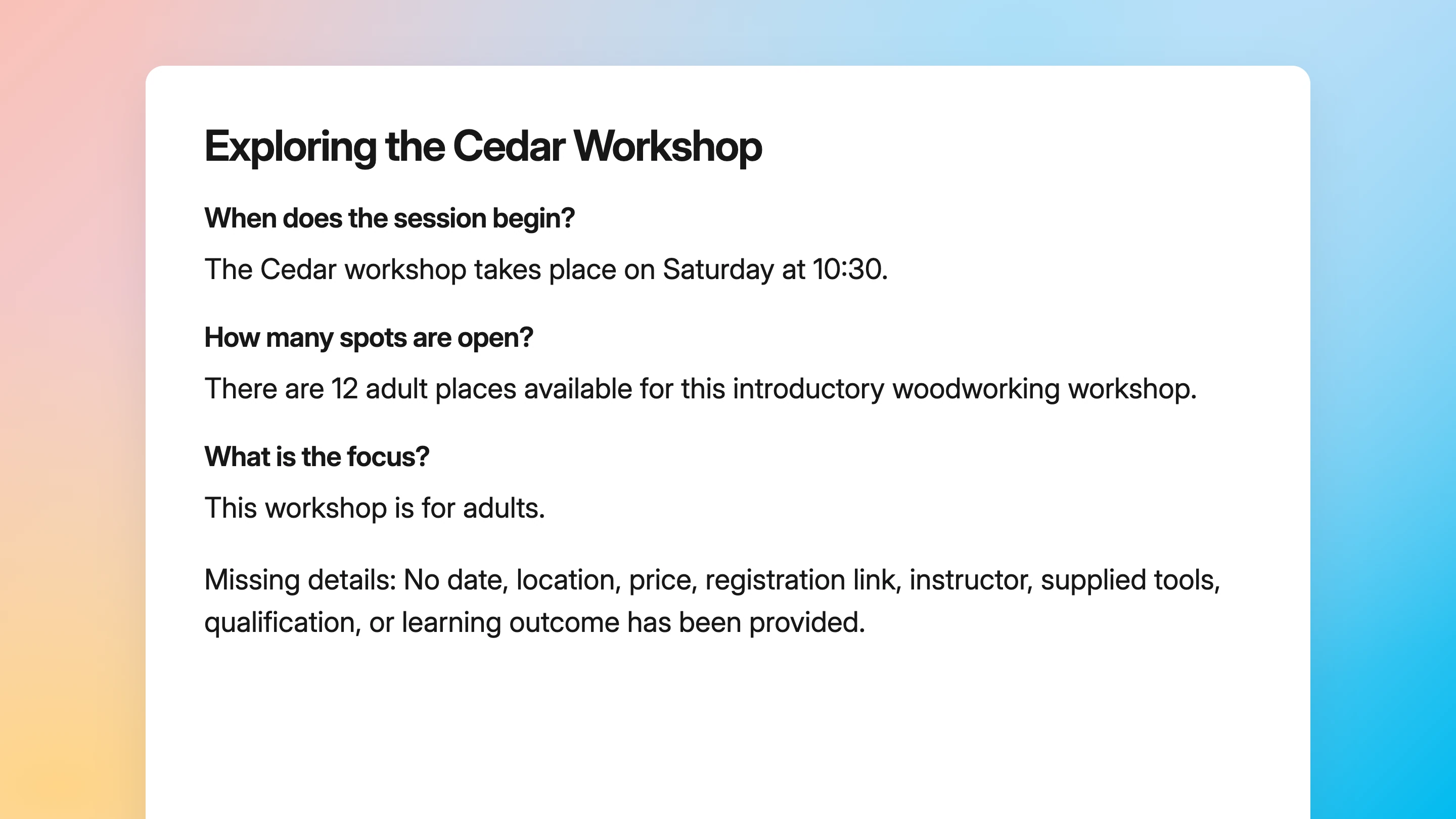 Illustrative layout of the exact recorded revised Cedar workshop article. The supplied time, twelve adult places and missing details stay unchanged.
