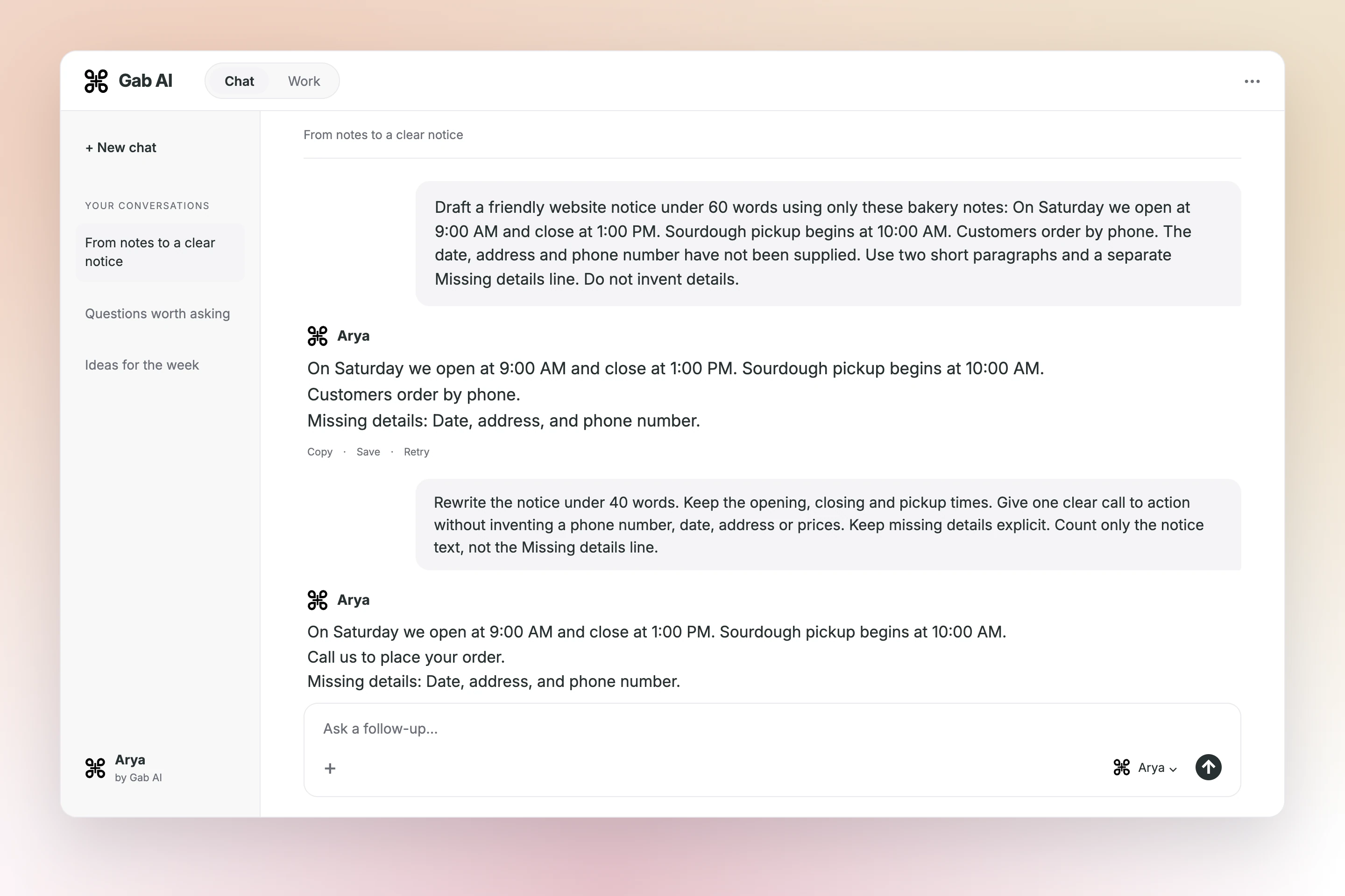 Gab AI Chat showing the recorded bakery prompt, first answer, focused follow-up and revised answer.