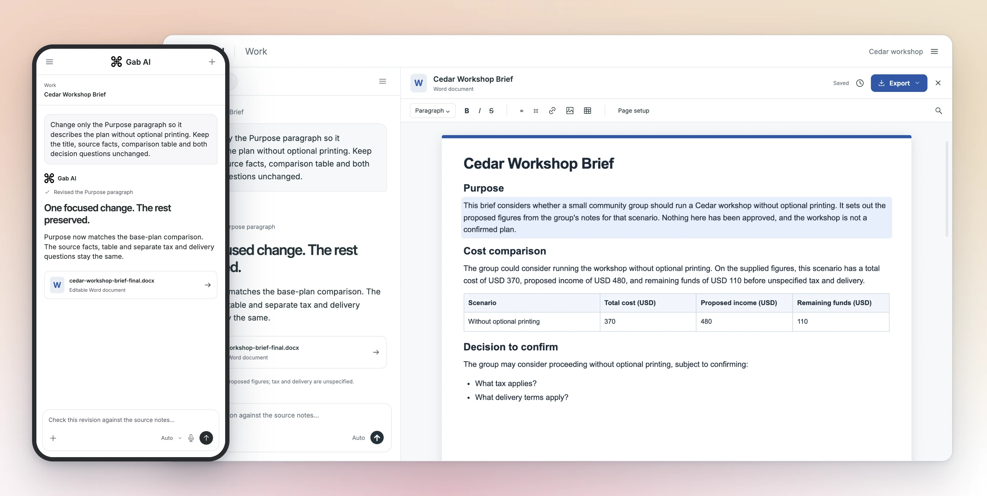 Gab AI Work shows a focused document revision on desktop, with the revised Purpose paragraph selected and its comparison table intact. A foreground phone shows the revision request, updated Word document and follow-up conversation.