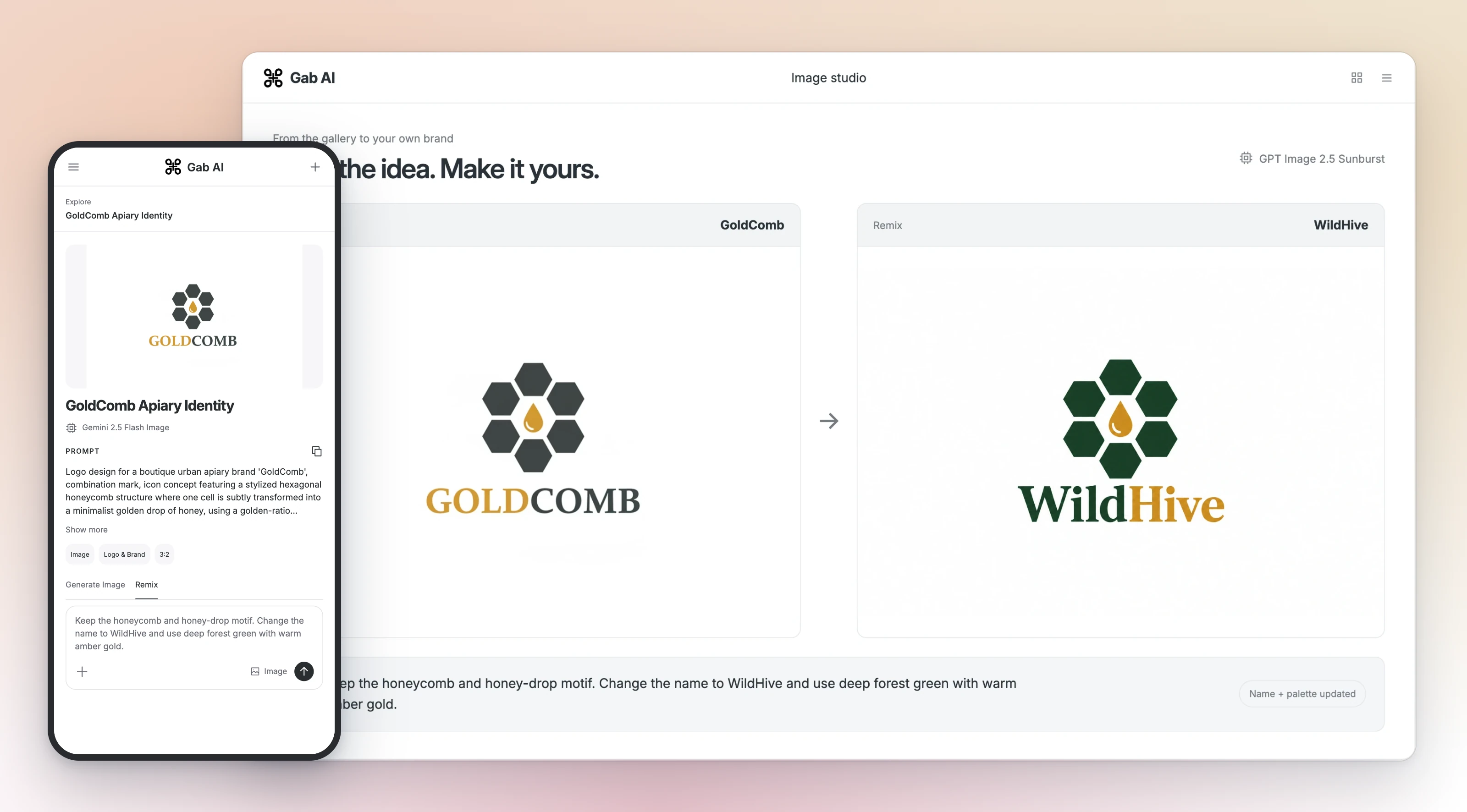 The desktop Explore scene compares GoldComb with the WildHive remix, beside the phone showing the original prompt and the instruction to preserve the motif while changing the brand name and palette.