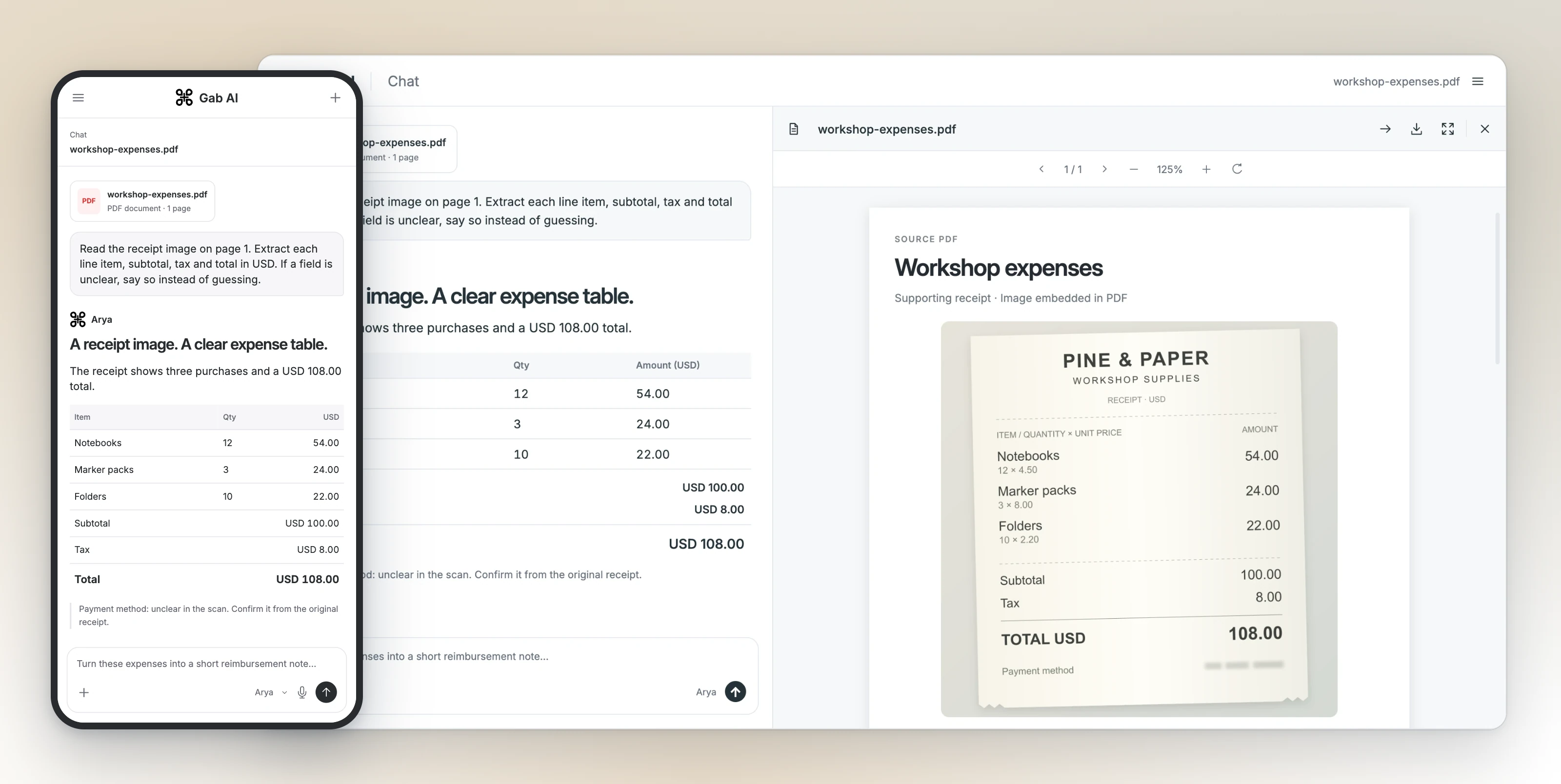 Gab AI Chat on desktop keeps the receipt image open inside workshop-expenses.pdf, beside a phone conversation extracting its line items, USD 108 total and unclear payment method.