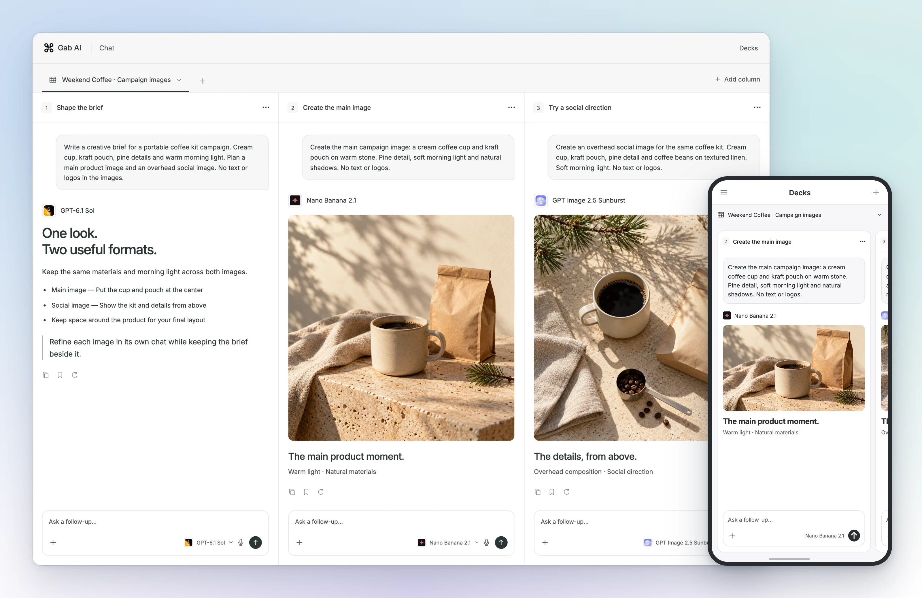 A Gab AI image Deck shows the brief and two visual directions on desktop, with the main-image chat open on a phone.