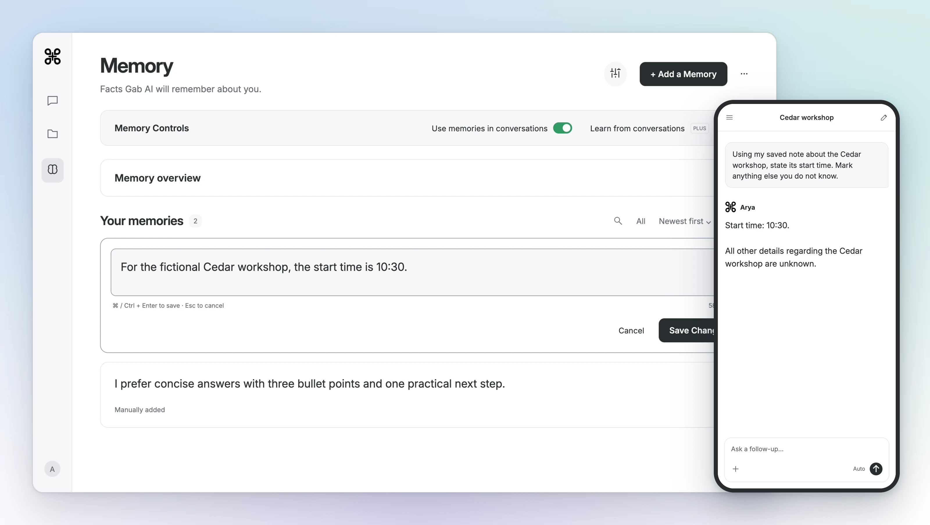 Gab AI Memory on desktop shows the updated 10:30 workshop time, beside a phone chat using that saved detail.