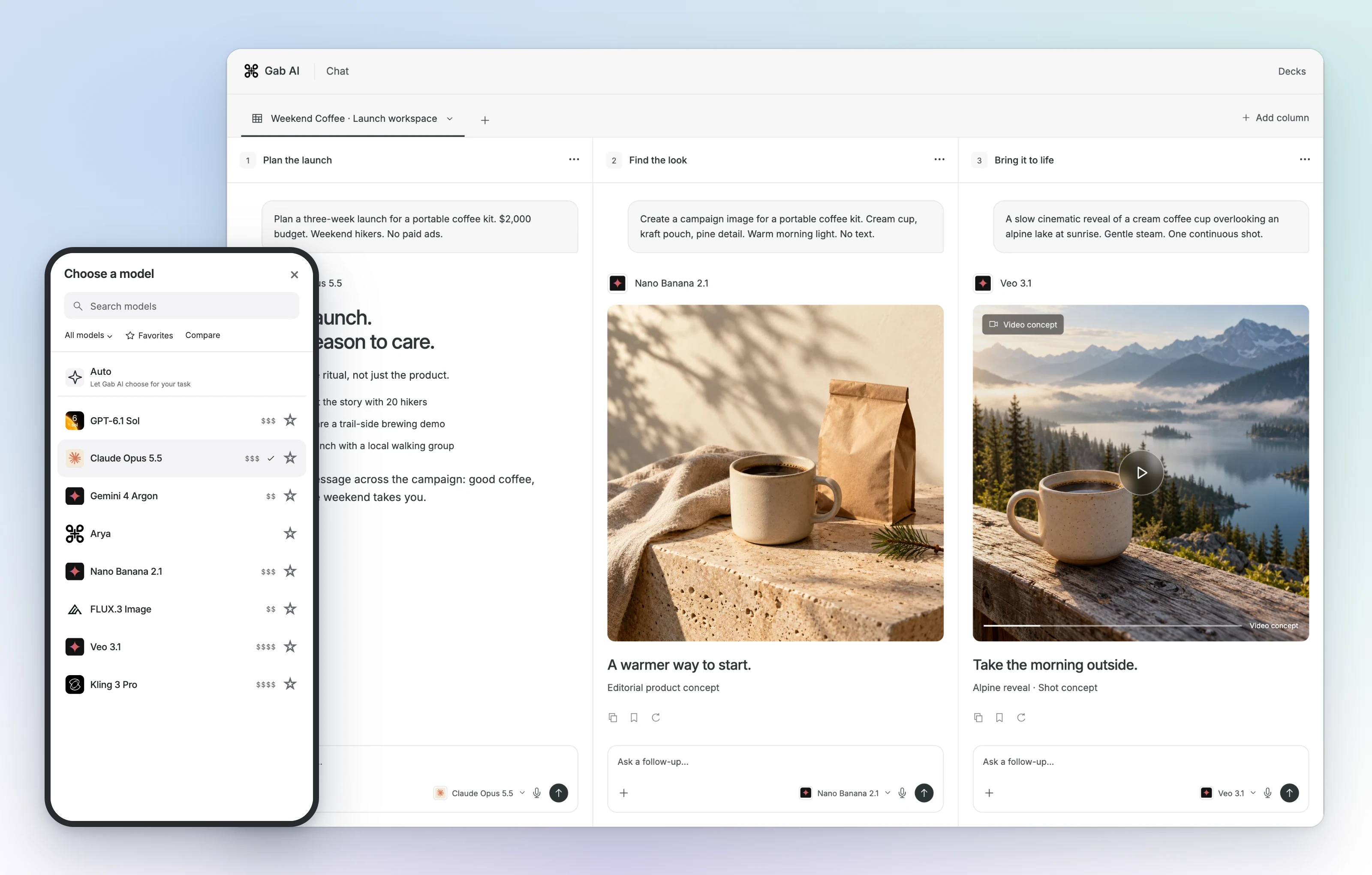 A desktop Gab AI Deck keeps a launch plan, image and video concept in separate model conversations, beside the phone model picker with search, Auto, Favorites and Compare.