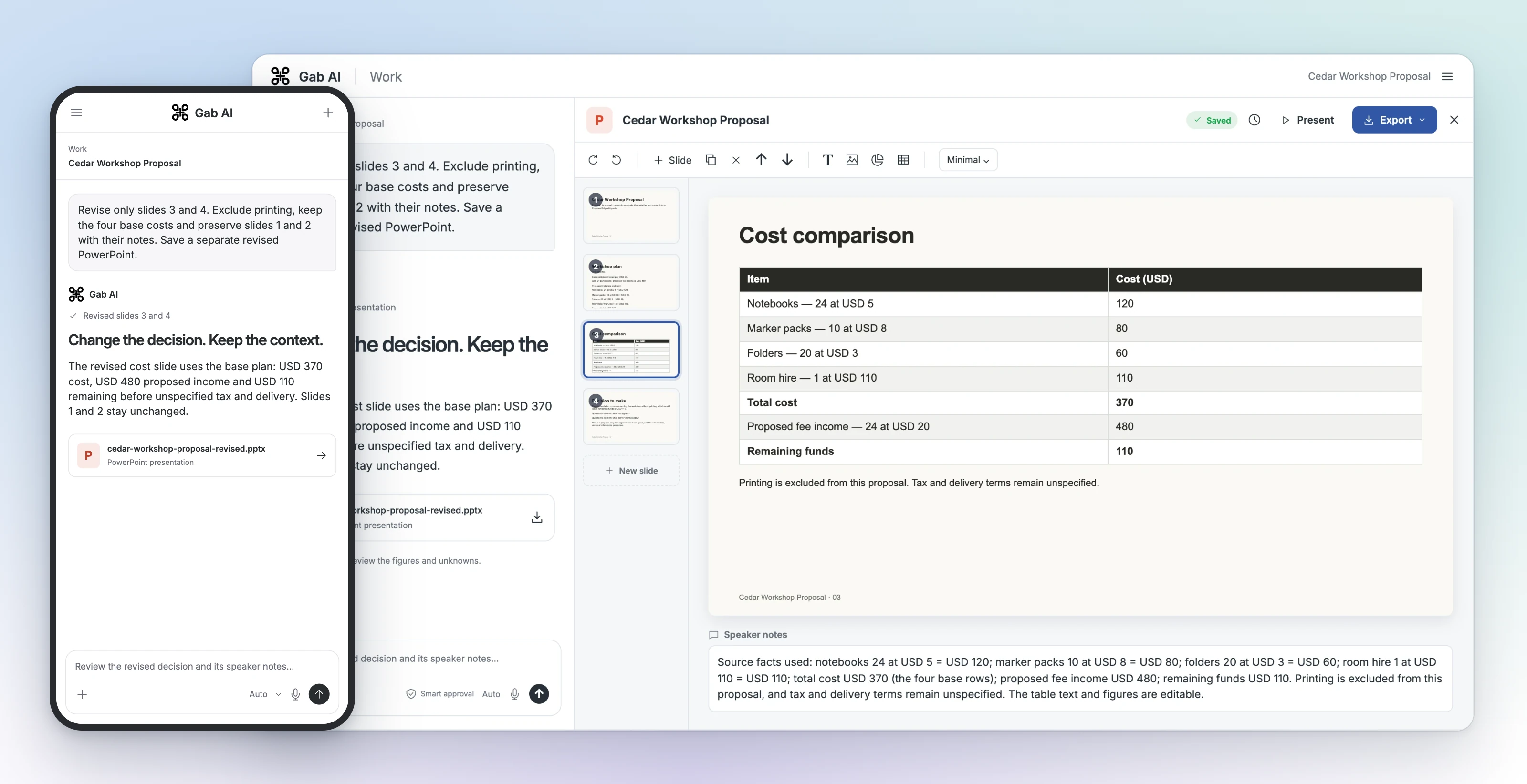 A Gab AI Work revision on a phone sits beside the desktop presentation editor, where the revised cost slide and speaker notes remain visible.