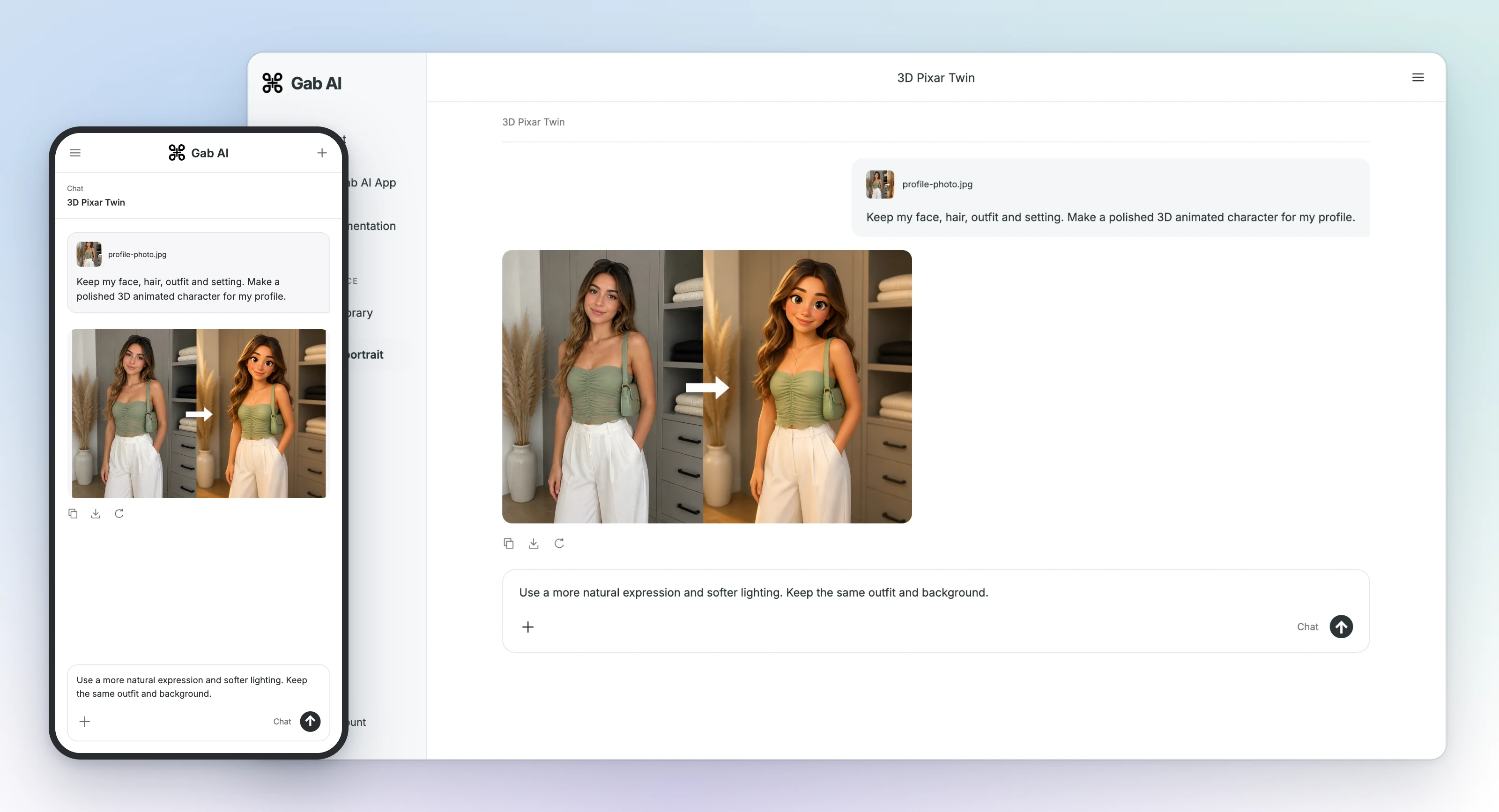 A 3D Pixar Twin recipe preview stays visible in the desktop Chat beside a phone follow-up asking for a natural expression and softer lighting while retaining the same outfit and background.