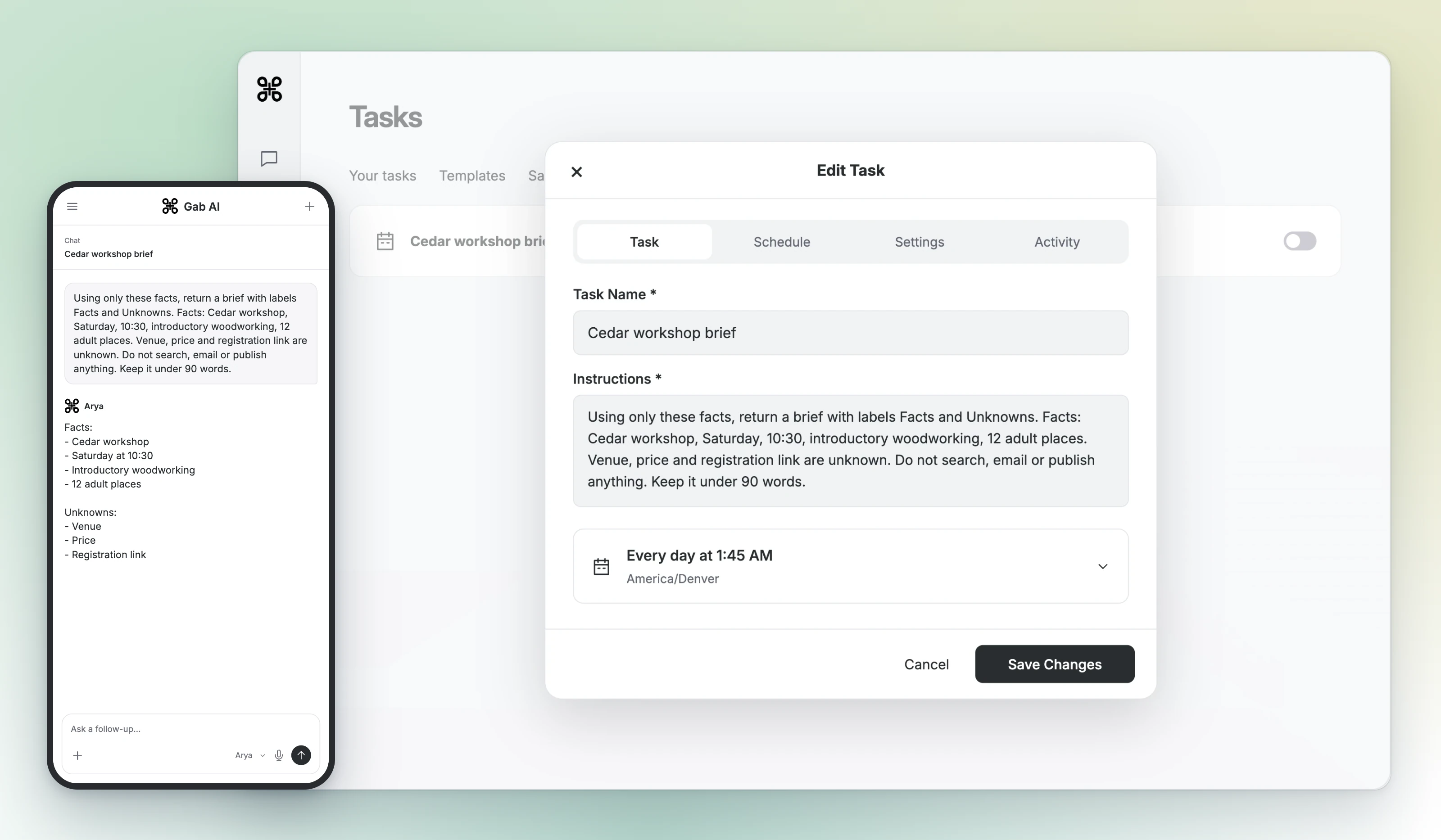 The desktop Task editor changes the workshop time to 10:30 while the daily schedule is paused; a phone shows the matching Run Now result, preserving the unknown venue, price and registration link.